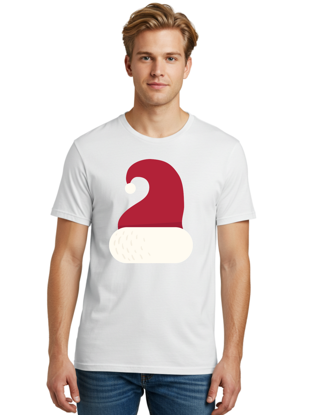 Santa-Hat Men'S Graphic Tee, 100% Cotton, Comfortable Casual Summer Wear, Machine Washable, Santa Hat, Christmas Hat, Red And White Hat, Winter Clothing, Festive Accessory, Holiday Fashion, Cartoon Style, Digital Illustration Aad135