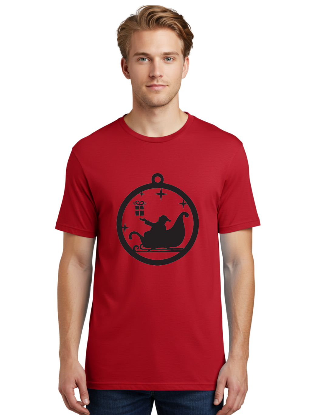 Santa-Sleigh-Ornament-1 Men'S Graphic Tee, 100% Cotton, Comfortable Casual Summer Wear, Machine Washable, Santa Claus, Christmas Gift, Sleigh Ride, Festive Holiday, Winter Wonderland, Gift Giving, Christmas Magic, Holiday Cheer Aad137