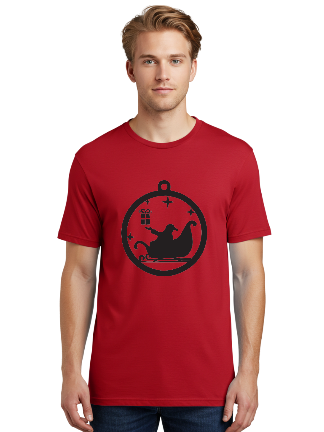 Santa-Sleigh-Ornament-1 Men'S Graphic Tee, 100% Cotton, Comfortable Casual Summer Wear, Machine Washable, Santa Claus, Christmas Gift, Sleigh Ride, Festive Holiday, Winter Wonderland, Gift Giving, Christmas Magic, Holiday Cheer Aad137