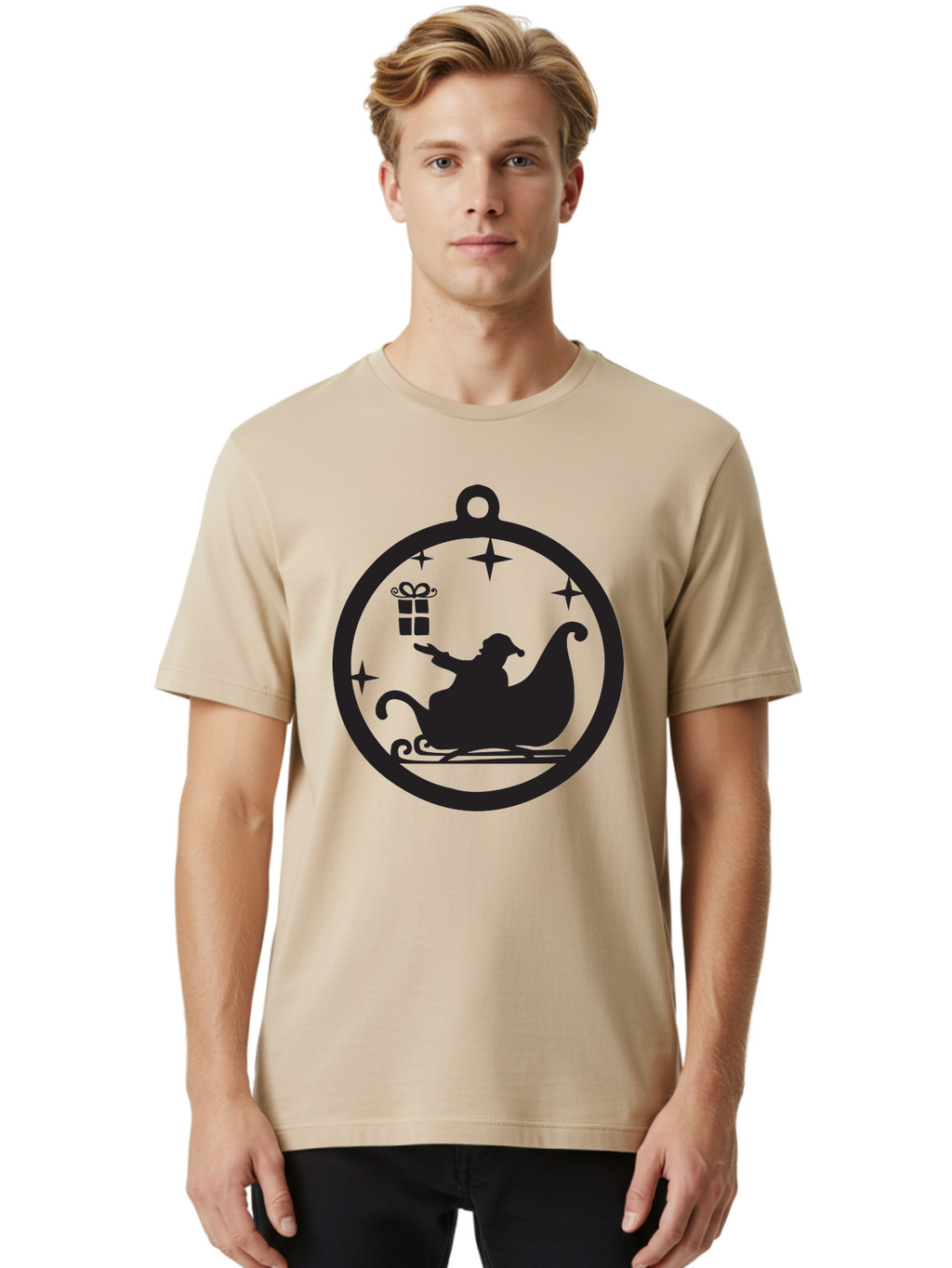Santa-Sleigh-Ornament-1 Men'S Graphic Tee, 100% Cotton, Comfortable Casual Summer Wear, Machine Washable, Santa Claus, Christmas Gift, Sleigh Ride, Festive Holiday, Winter Wonderland, Gift Giving, Christmas Magic, Holiday Cheer Aad137