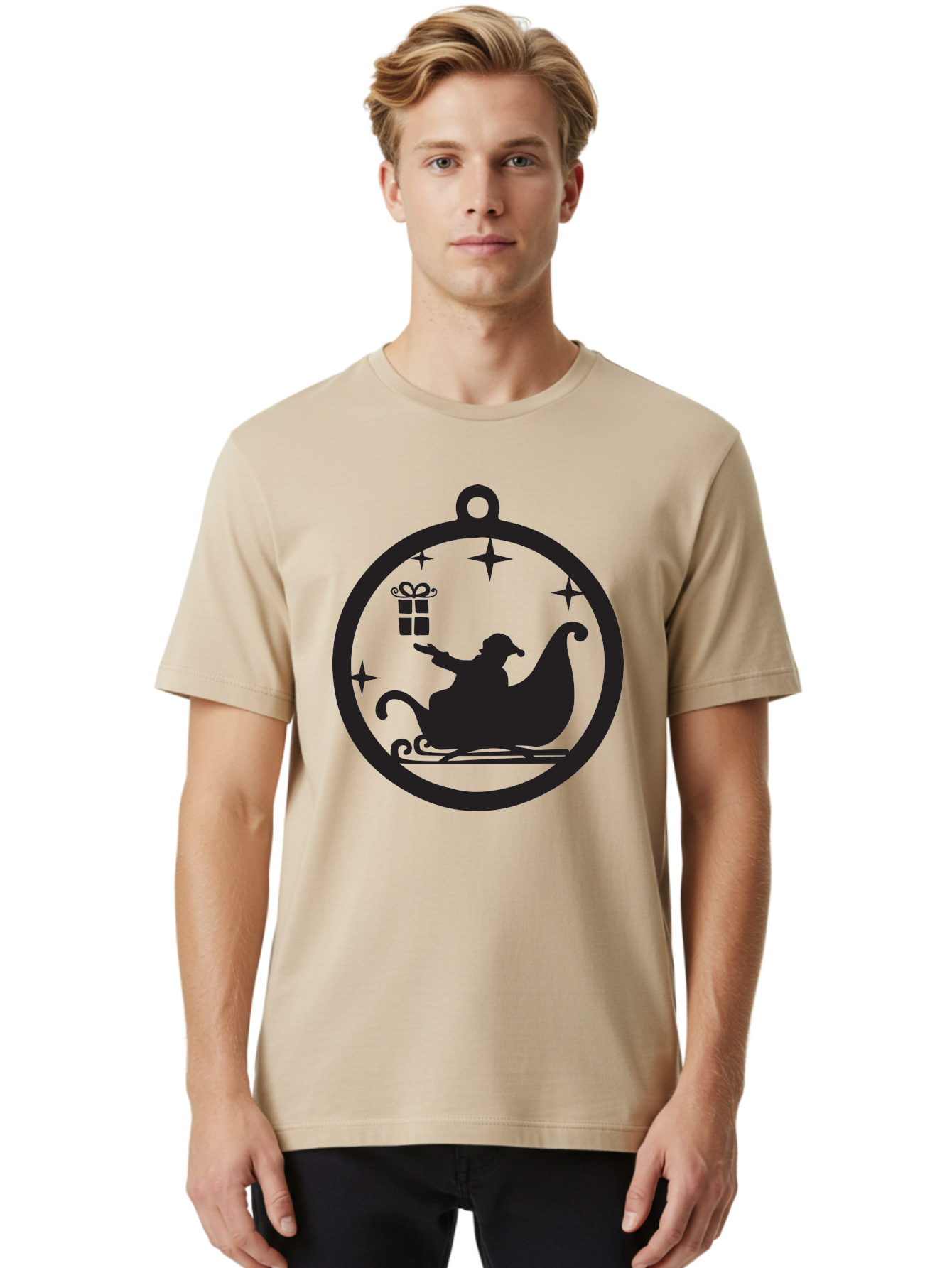 Santa-Sleigh-Ornament-1 Men'S Graphic Tee, 100% Cotton, Comfortable Casual Summer Wear, Machine Washable, Santa Claus, Christmas Gift, Sleigh Ride, Festive Holiday, Winter Wonderland, Gift Giving, Christmas Magic, Holiday Cheer Aad137