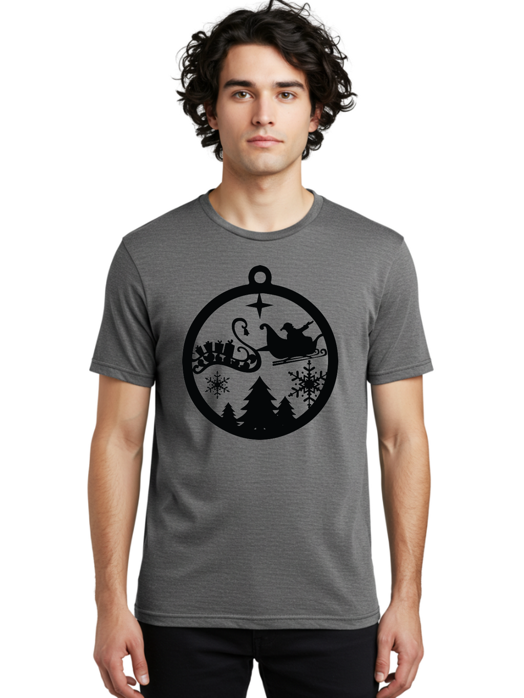 Santa-Sleigh-Ornament Men'S Graphic Tee, 100% Cotton, Comfortable Casual Summer Wear, Machine Washable, Santa Sleigh, Christmas Ornament, Festive Silhouette, Winter Wonderland, Holiday Decor, Santa Claus, Snowflakes, Christmas Trees Aad138