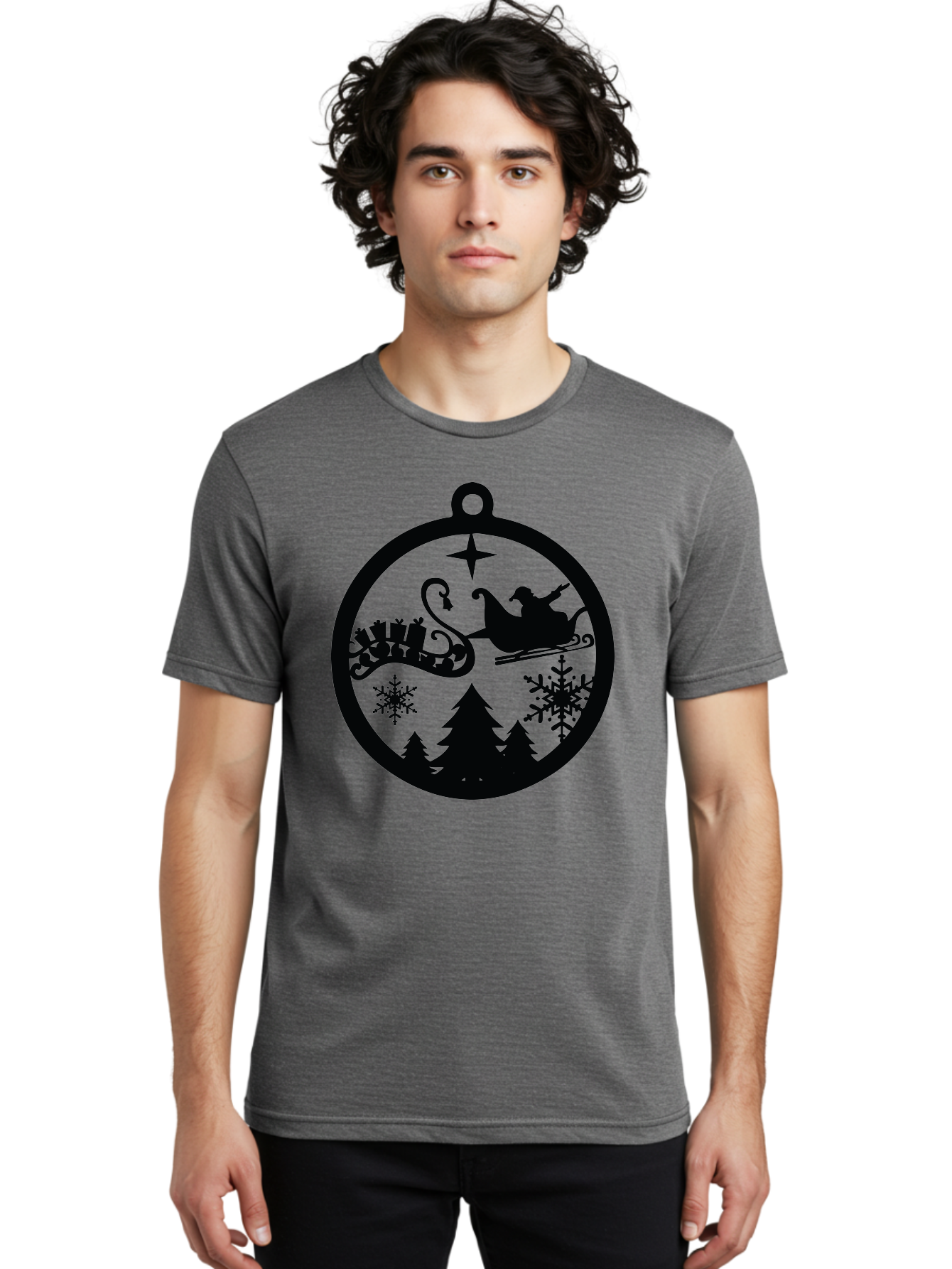 Santa-Sleigh-Ornament Men'S Graphic Tee, 100% Cotton, Comfortable Casual Summer Wear, Machine Washable, Santa Sleigh, Christmas Ornament, Festive Silhouette, Winter Wonderland, Holiday Decor, Santa Claus, Snowflakes, Christmas Trees Aad138