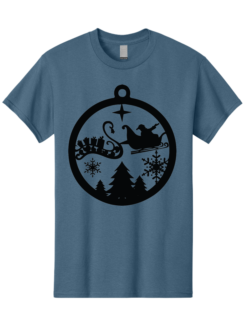 Santa-Sleigh-Ornament Men'S Graphic Tee, 100% Cotton, Comfortable Casual Summer Wear, Machine Washable, Santa Sleigh, Christmas Ornament, Festive Silhouette, Winter Wonderland, Holiday Decor, Santa Claus, Snowflakes, Christmas Trees Aad138
