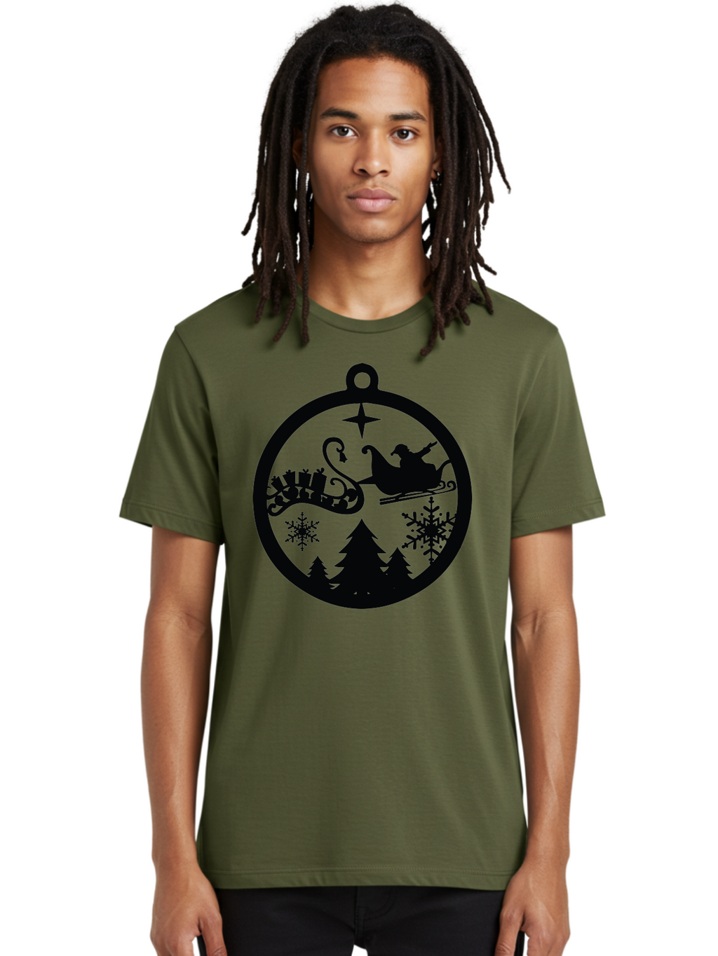 Santa-Sleigh-Ornament Men'S Graphic Tee, 100% Cotton, Comfortable Casual Summer Wear, Machine Washable, Santa Sleigh, Christmas Ornament, Festive Silhouette, Winter Wonderland, Holiday Decor, Santa Claus, Snowflakes, Christmas Trees Aad138