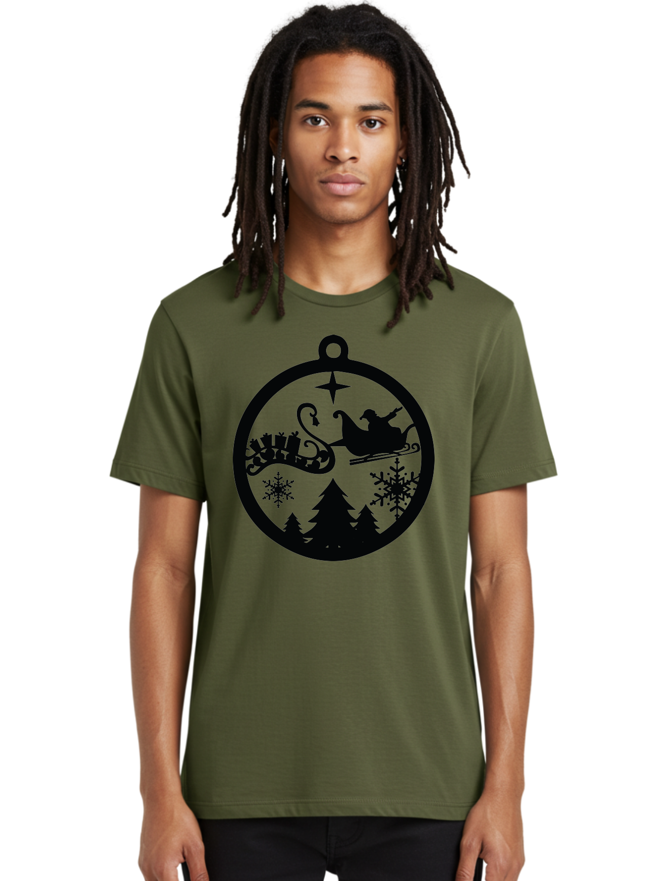 Santa-Sleigh-Ornament Men'S Graphic Tee, 100% Cotton, Comfortable Casual Summer Wear, Machine Washable, Santa Sleigh, Christmas Ornament, Festive Silhouette, Winter Wonderland, Holiday Decor, Santa Claus, Snowflakes, Christmas Trees Aad138