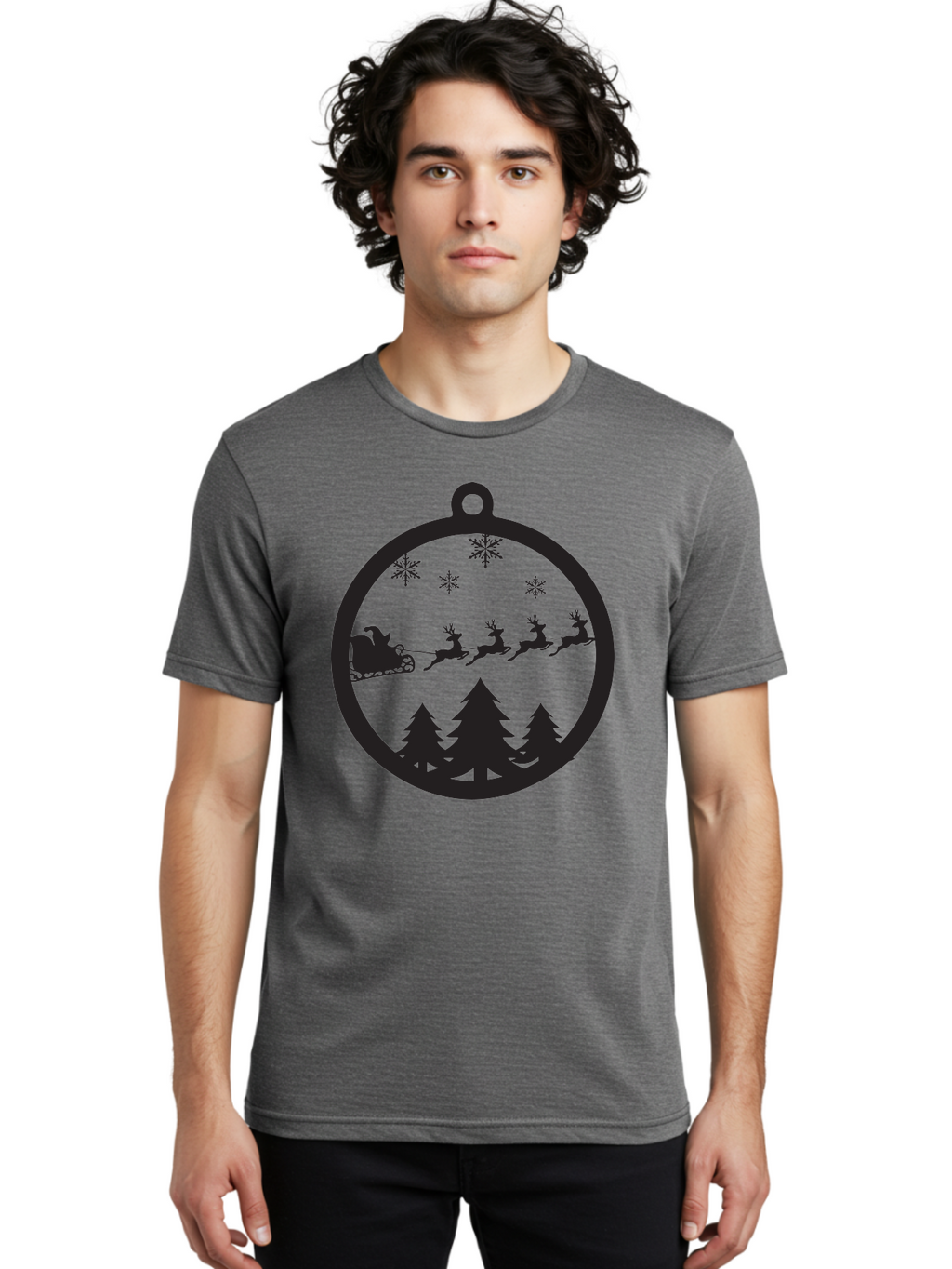 Santa-Sleigh-Silhouette Men'S Graphic Tee, 100% Cotton, Comfortable Casual Summer Wear, Machine Washable, Sleigh, Santa Claus, Reindeer, Snowy Night, Festive Trees, Holiday Decoration, Christmas Ornament, Winter Scene, Festive Atmosphere, Aad139