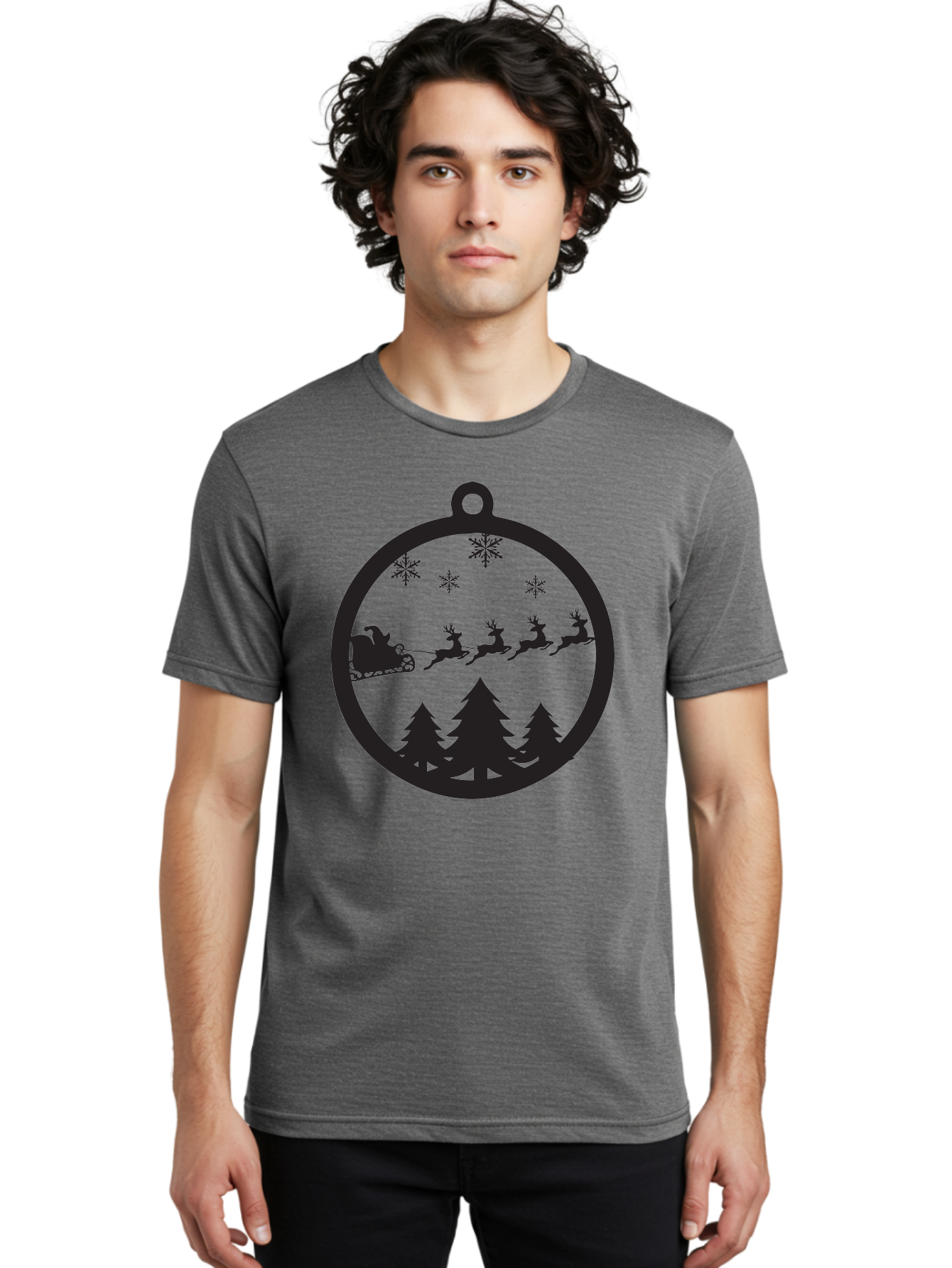 Santa-Sleigh-Silhouette Men'S Graphic Tee, 100% Cotton, Comfortable Casual Summer Wear, Machine Washable, Sleigh, Santa Claus, Reindeer, Snowy Night, Festive Trees, Holiday Decoration, Christmas Ornament, Winter Scene, Festive Atmosphere, Aad139