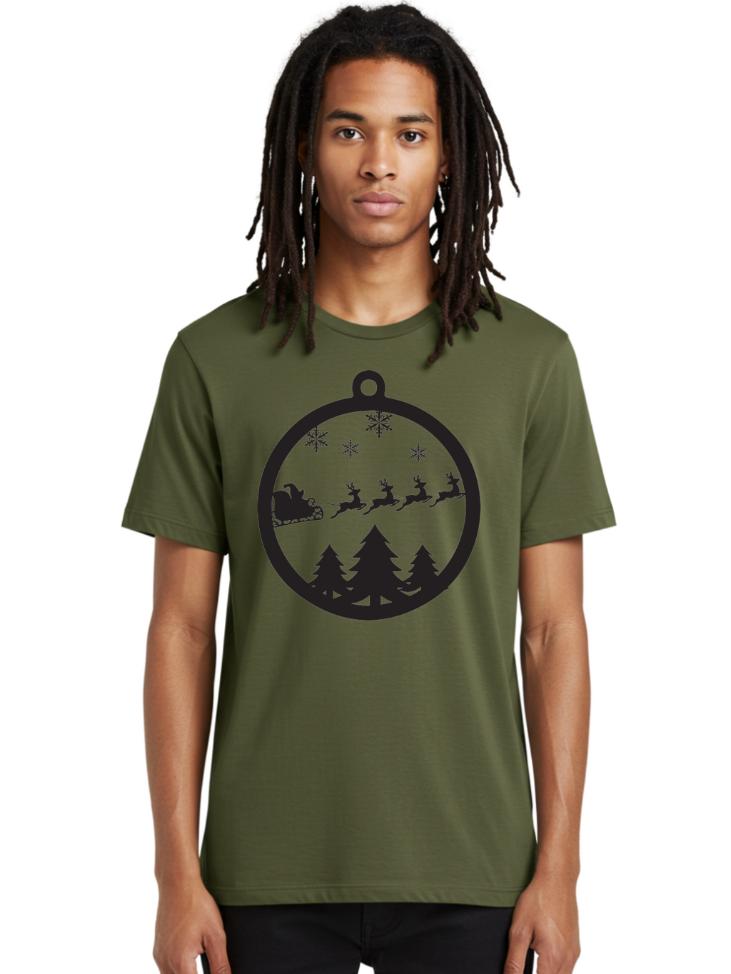Santa-Sleigh-Silhouette Men'S Graphic Tee, 100% Cotton, Comfortable Casual Summer Wear, Machine Washable, Sleigh, Santa Claus, Reindeer, Snowy Night, Festive Trees, Holiday Decoration, Christmas Ornament, Winter Scene, Festive Atmosphere, Aad139