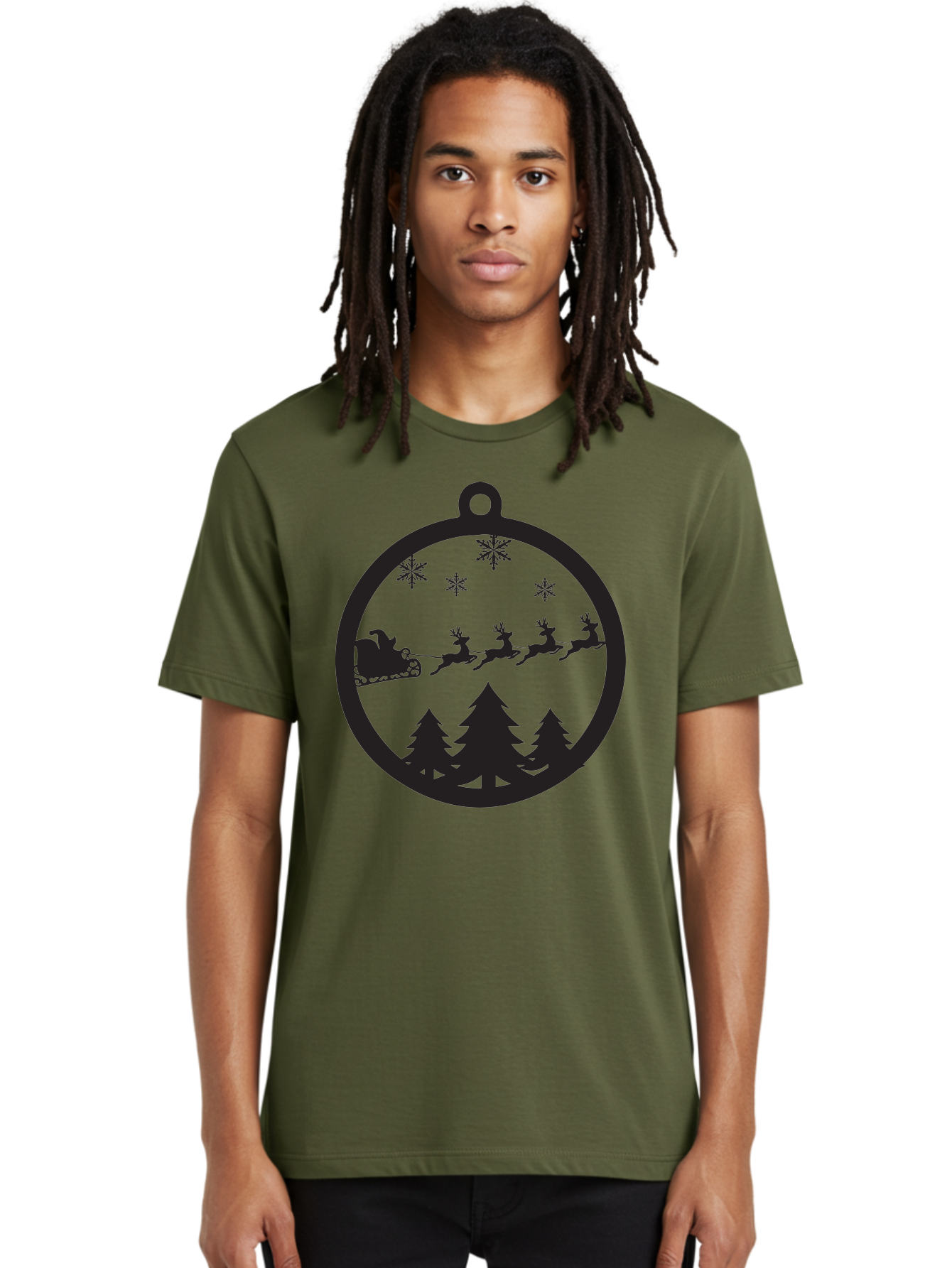 Santa-Sleigh-Silhouette Men'S Graphic Tee, 100% Cotton, Comfortable Casual Summer Wear, Machine Washable, Sleigh, Santa Claus, Reindeer, Snowy Night, Festive Trees, Holiday Decoration, Christmas Ornament, Winter Scene, Festive Atmosphere, Aad139