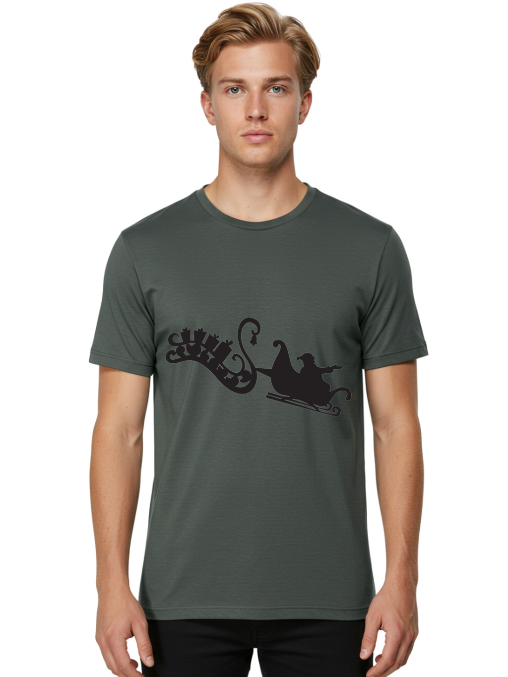 Santa-Sleigh Men'S Graphic Tee, 100% Cotton, Comfortable Casual Summer Wear, Machine Washable, Sleigh Silhouette, Santa Claus, Christmas Gifts, Festive Season, Holiday Cheer, Winter Wonderland, Jolly Old Elf, Gift Giving, Christmas Magic, Aad140