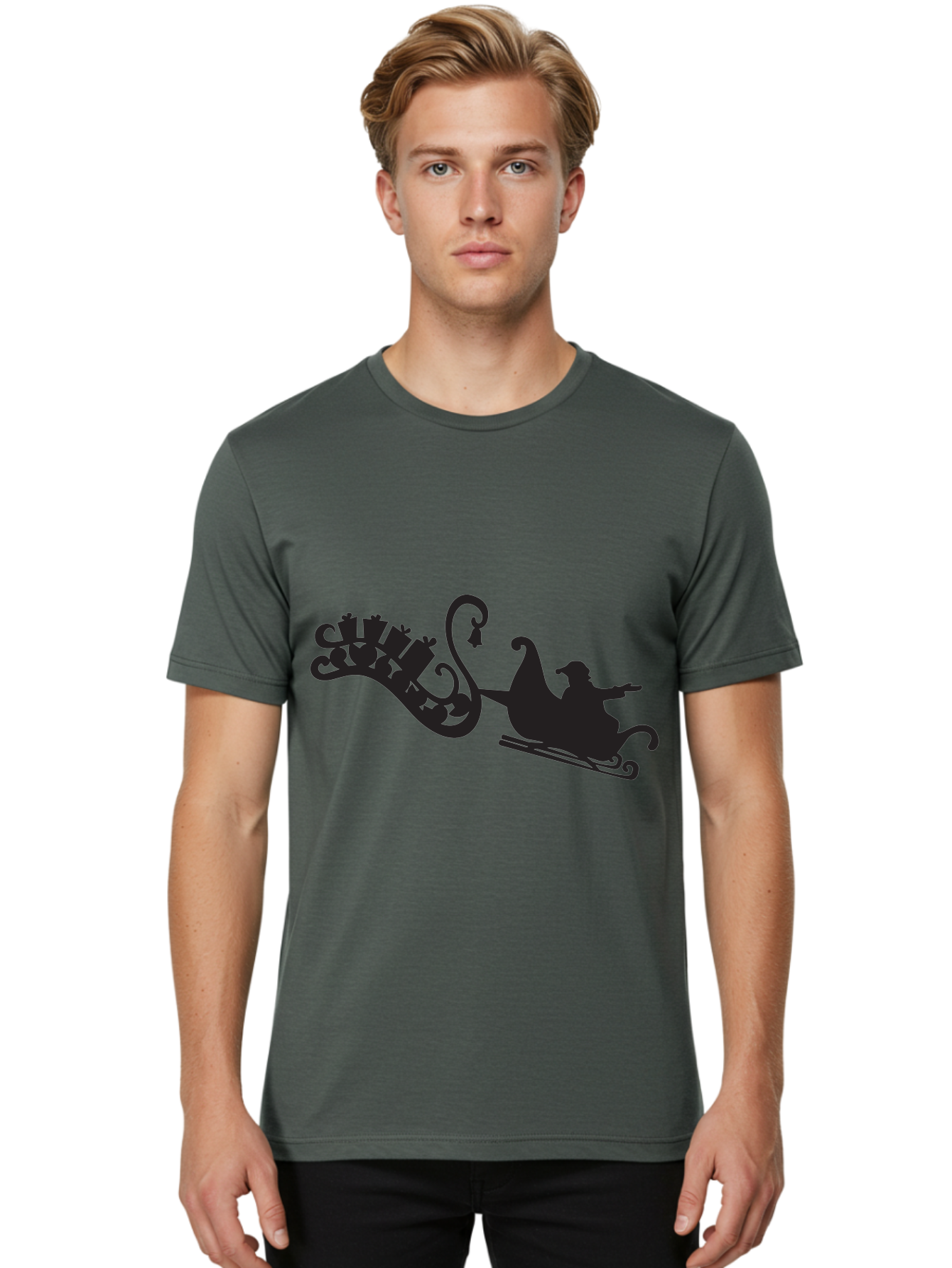 Santa-Sleigh Men'S Graphic Tee, 100% Cotton, Comfortable Casual Summer Wear, Machine Washable, Sleigh Silhouette, Santa Claus, Christmas Gifts, Festive Season, Holiday Cheer, Winter Wonderland, Jolly Old Elf, Gift Giving, Christmas Magic, Aad140