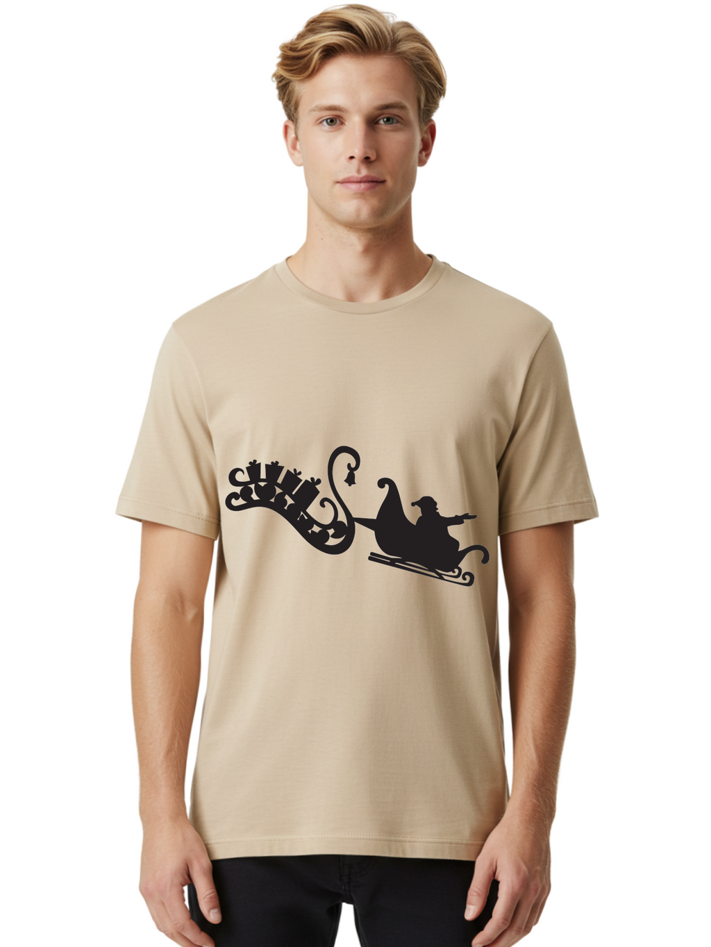Santa-Sleigh Men'S Graphic Tee, 100% Cotton, Comfortable Casual Summer Wear, Machine Washable, Sleigh Silhouette, Santa Claus, Christmas Gifts, Festive Season, Holiday Cheer, Winter Wonderland, Jolly Old Elf, Gift Giving, Christmas Magic, Aad140
