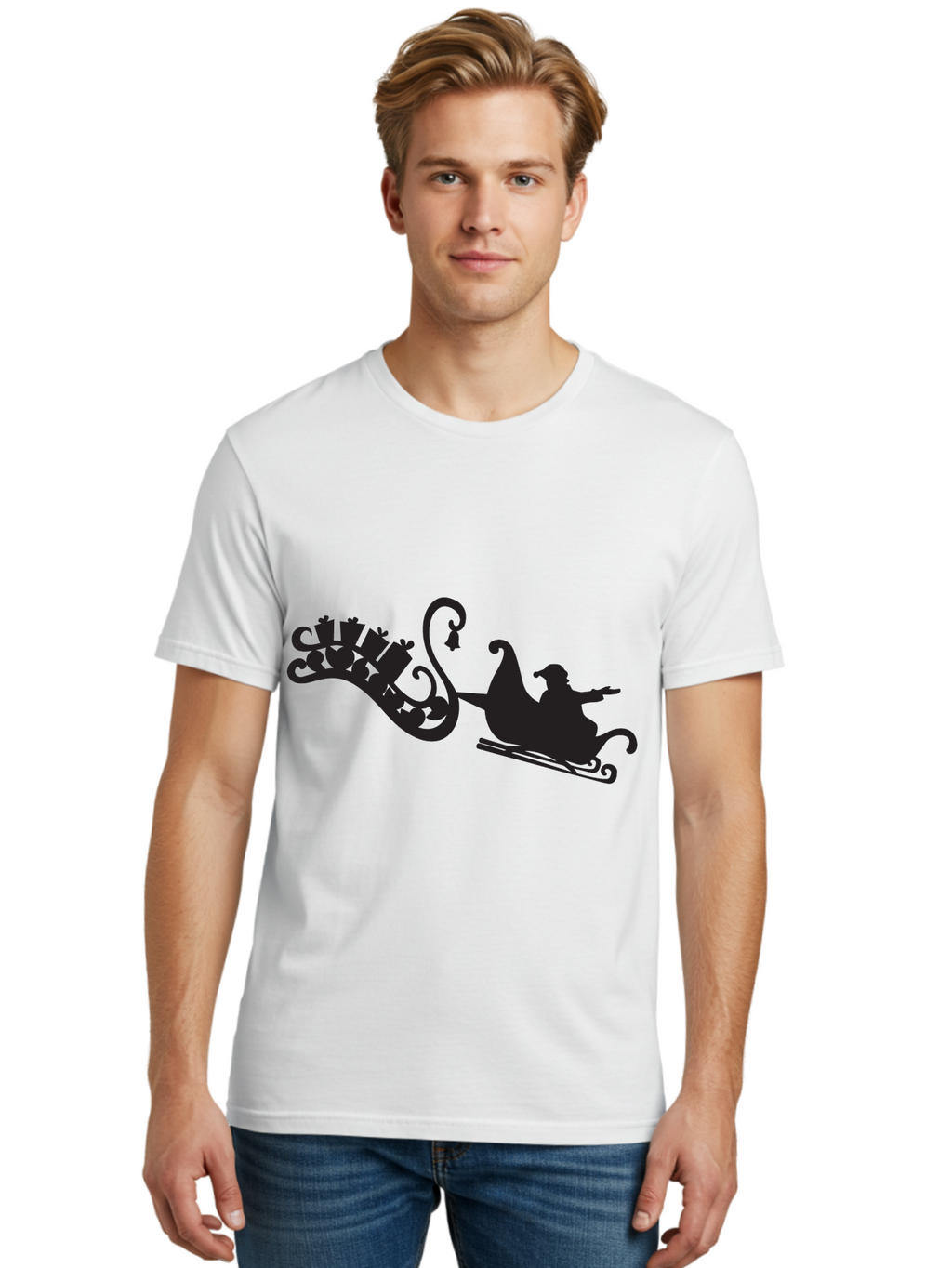 Santa-Sleigh Men'S Graphic Tee, 100% Cotton, Comfortable Casual Summer Wear, Machine Washable, Sleigh Silhouette, Santa Claus, Christmas Gifts, Festive Season, Holiday Cheer, Winter Wonderland, Jolly Old Elf, Gift Giving, Christmas Magic, Aad140