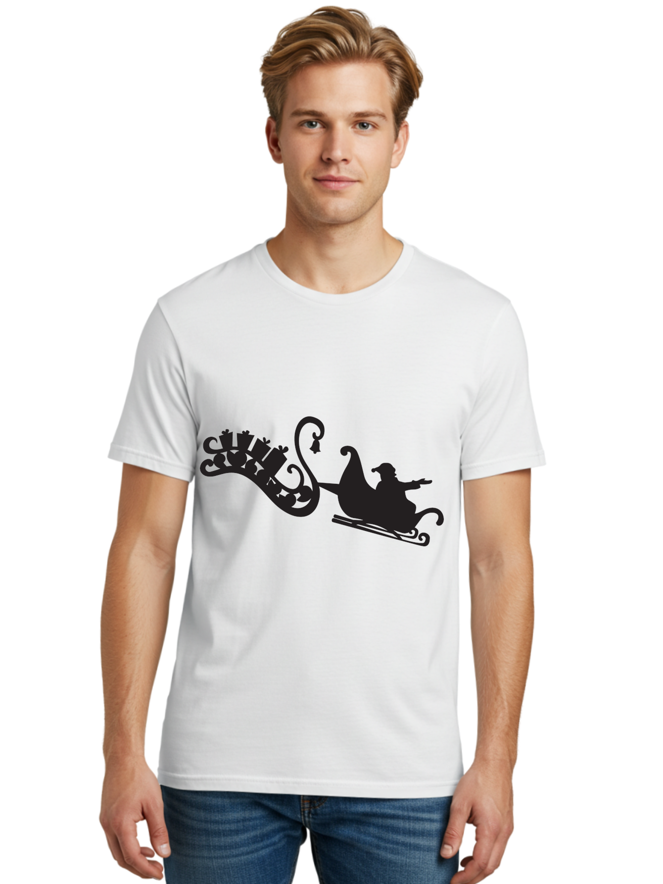 Santa-Sleigh Men'S Graphic Tee, 100% Cotton, Comfortable Casual Summer Wear, Machine Washable, Sleigh Silhouette, Santa Claus, Christmas Gifts, Festive Season, Holiday Cheer, Winter Wonderland, Jolly Old Elf, Gift Giving, Christmas Magic, Aad140
