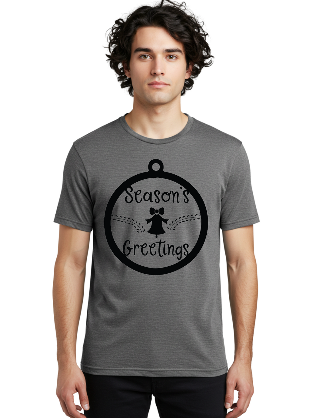 Season-S-Greetings Men'S Graphic Tee, 100% Cotton, Comfortable Casual Summer Wear, Machine Washable, Christmas Ornament, Festive Design, Holiday Greeting Card, Black Silhouette, Angel Silhouette, Bow Decoration, Black And Green, Aad145
