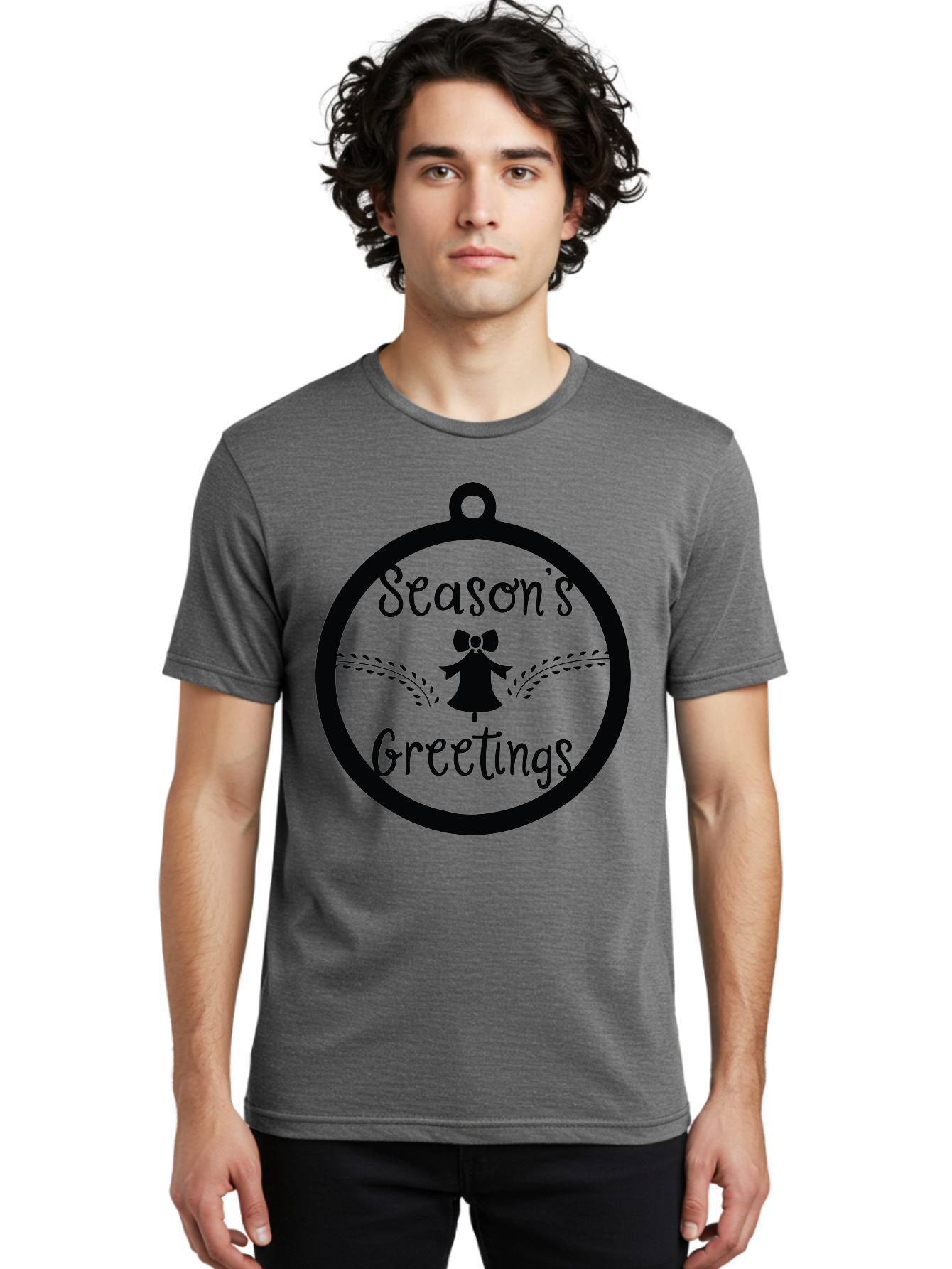 Season-S-Greetings Men'S Graphic Tee, 100% Cotton, Comfortable Casual Summer Wear, Machine Washable, Christmas Ornament, Festive Design, Holiday Greeting Card, Black Silhouette, Angel Silhouette, Bow Decoration, Black And Green, Aad145