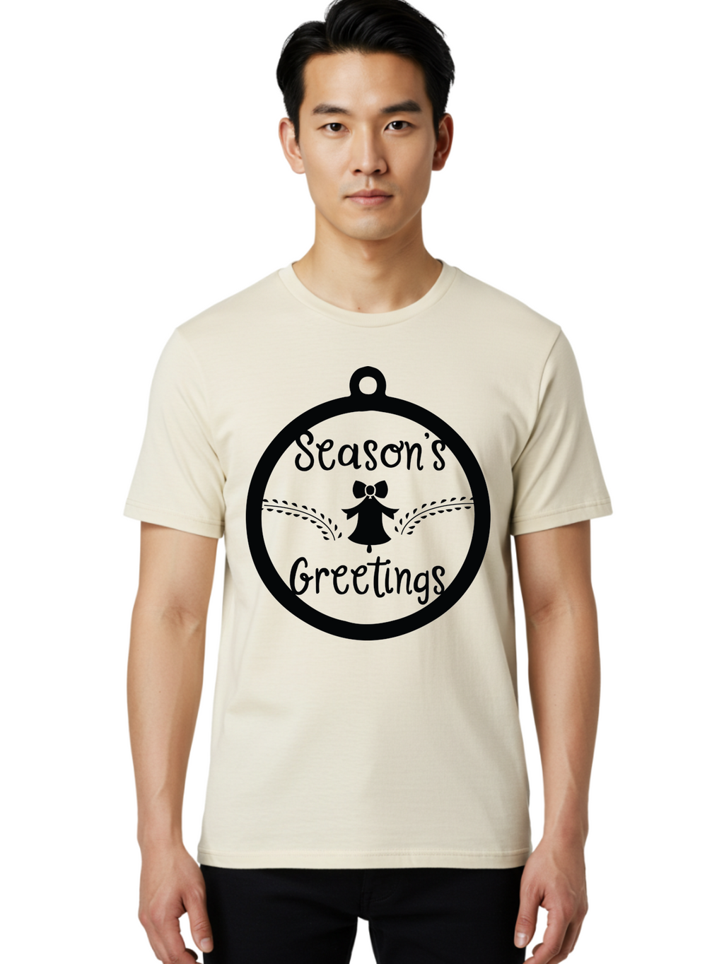 Season-S-Greetings Men'S Graphic Tee, 100% Cotton, Comfortable Casual Summer Wear, Machine Washable, Christmas Ornament, Festive Design, Holiday Greeting Card, Black Silhouette, Angel Silhouette, Bow Decoration, Black And Green, Aad145