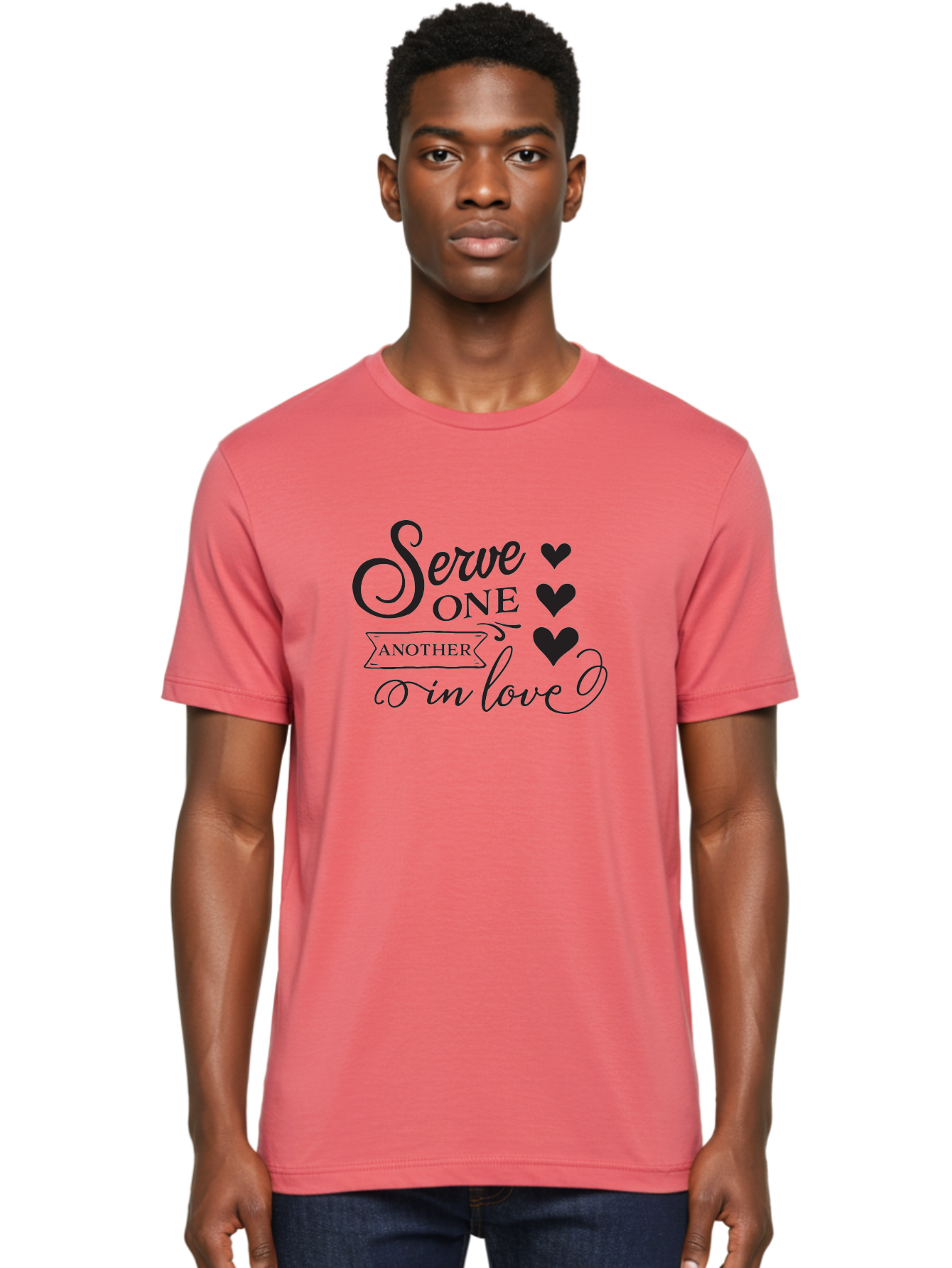 Serve-One-Another-In-Love Men'S Graphic Tee, 100% Cotton, Comfortable Casual Summer Wear, Machine Washable, Serve One Another, Love Message, Heartwarming Quote, Inspirational Saying, Kindness Reminder, Black Hearts, Typography Art Aad148