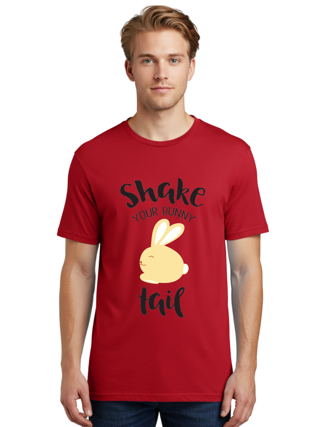 Shake-Your-Bunny-Tail Men'S Graphic Tee, 100% Cotton, Comfortable Casual Summer Wear, Machine Washable, Funny Bunny Graphic, Cute Cartoon Rabbit, Easter-Themed Design, Humorous Phrase, Shake Your Bunny Tail, Yellow Bunny Illustration, Aad151