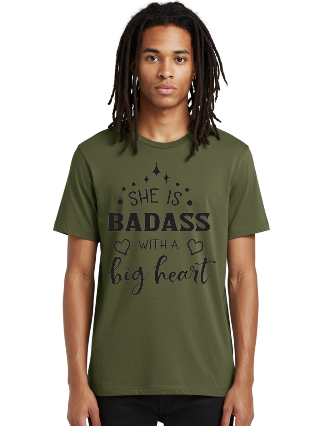 She-Is-Badass-With-A-Big-Heart Men'S Graphic Tee, 100% Cotton, Comfortable Casual Summer Wear, Machine Washable, Motivational Quotes, Inspirational Sayings, Empowerment Phrases, Feminine Strength, Positive Affirmations, Bold Typography, Aad155