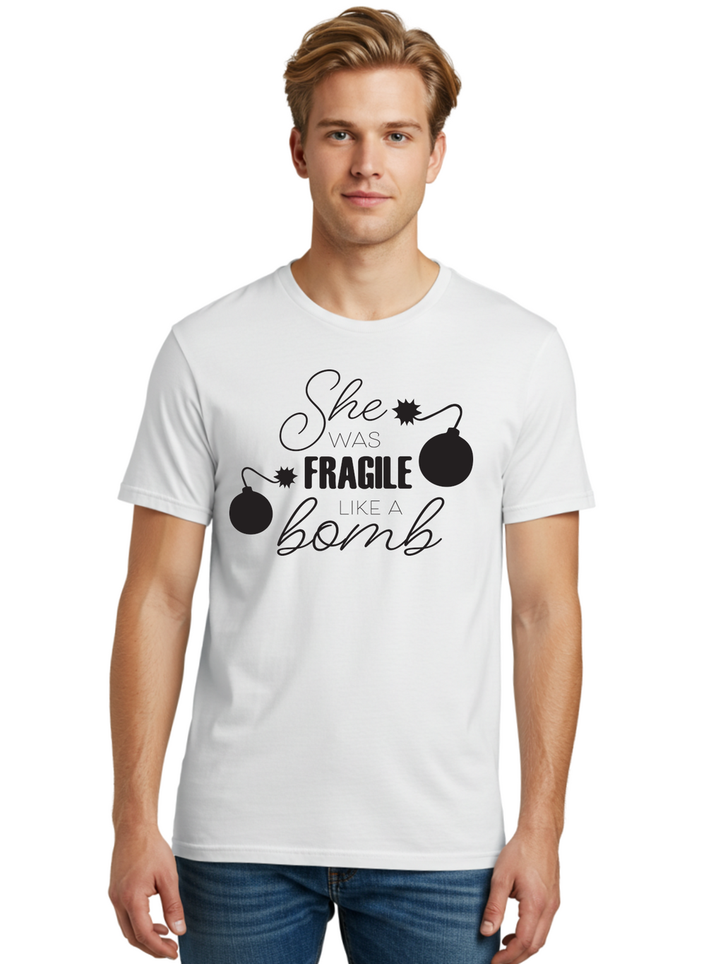 She-Was-Fragile-Like-A-Bomb Men'S Graphic Tee, 100% Cotton, Comfortable Casual Summer Wear, Machine Washable, Inspirational Quote, Motivational Phrase, Strong Women, Empowerment Message, Bomb Illustration, Powerful Graphics, Female Strength, Aad157