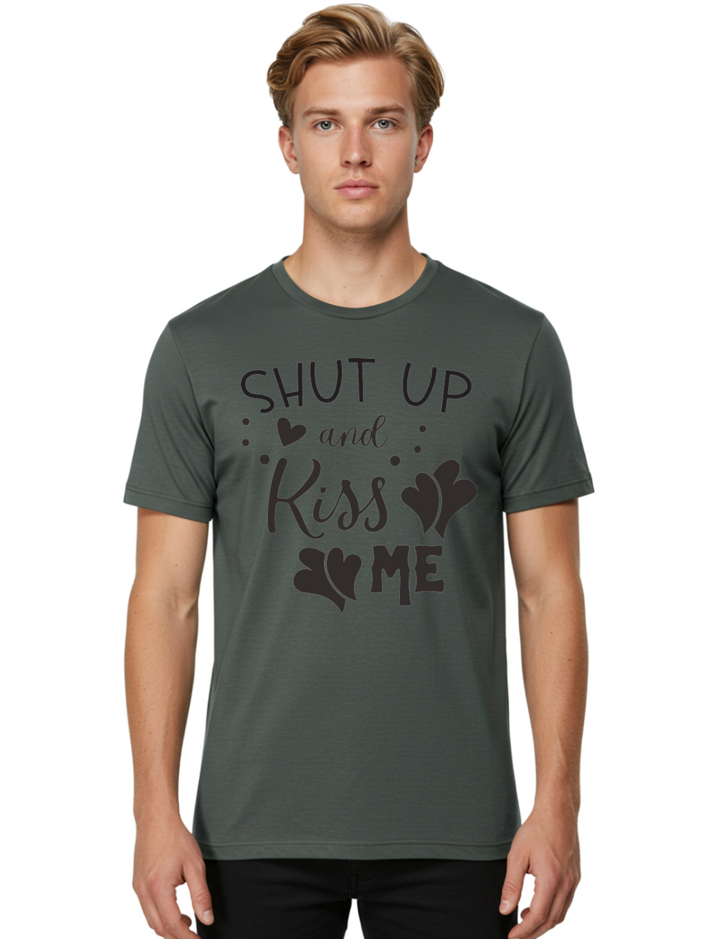 Shut-Up-And-Kiss-Me Men'S Graphic Tee, 100% Cotton, Comfortable Casual Summer Wear, Machine Washable, Love Quotes, Romantic Phrases, Kiss Me, Shut Up, Heart Shapes, Valentines Day, Love Messages, Couple Goals, Sweet Nothings Aad160