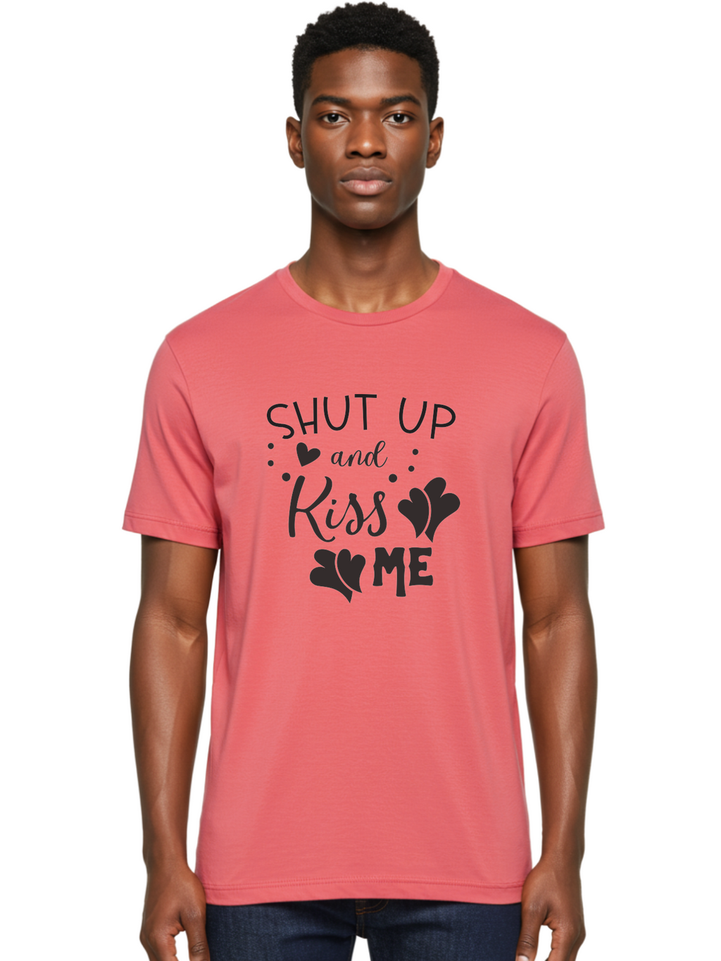 Shut-Up-And-Kiss-Me Men'S Graphic Tee, 100% Cotton, Comfortable Casual Summer Wear, Machine Washable, Love Quotes, Romantic Phrases, Kiss Me, Shut Up, Heart Shapes, Valentines Day, Love Messages, Couple Goals, Sweet Nothings Aad160