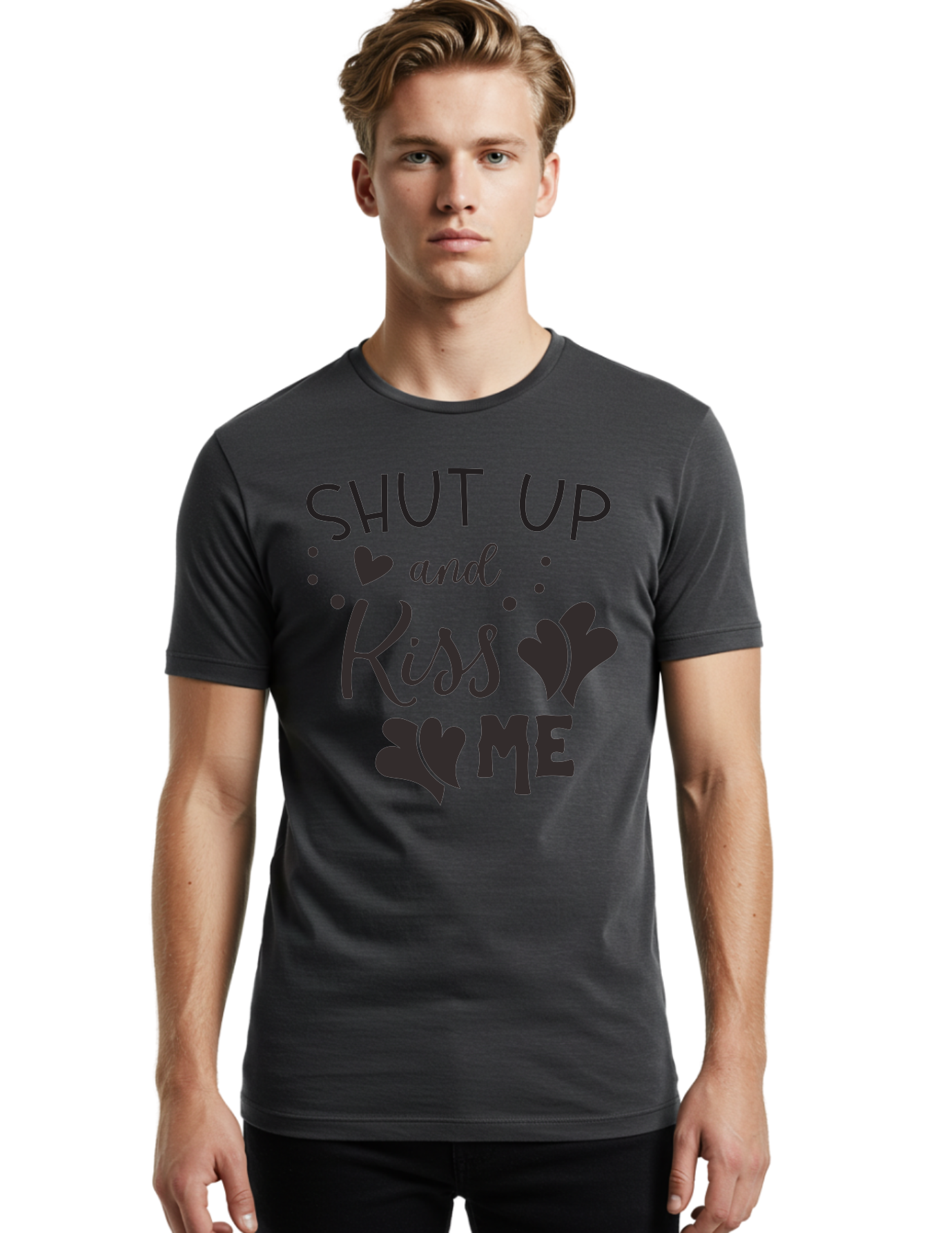 Shut-Up-And-Kiss-Me Men'S Graphic Tee, 100% Cotton, Comfortable Casual Summer Wear, Machine Washable, Love Quotes, Romantic Phrases, Kiss Me, Shut Up, Heart Shapes, Valentines Day, Love Messages, Couple Goals, Sweet Nothings Aad160