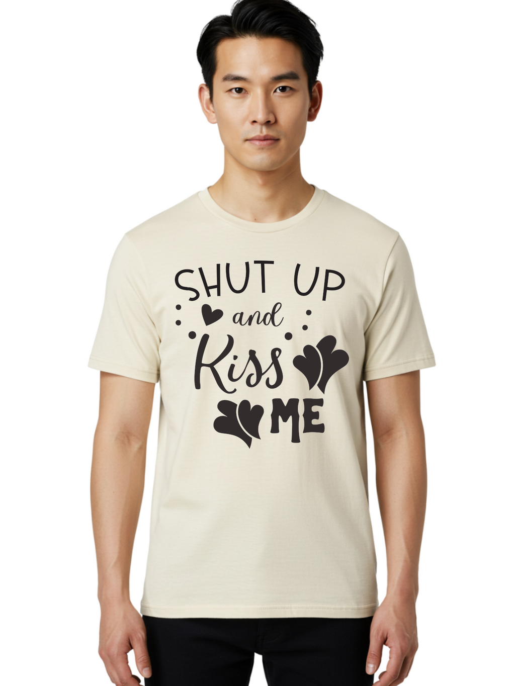 Shut-Up-And-Kiss-Me Men'S Graphic Tee, 100% Cotton, Comfortable Casual Summer Wear, Machine Washable, Love Quotes, Romantic Phrases, Kiss Me, Shut Up, Heart Shapes, Valentines Day, Love Messages, Couple Goals, Sweet Nothings Aad160