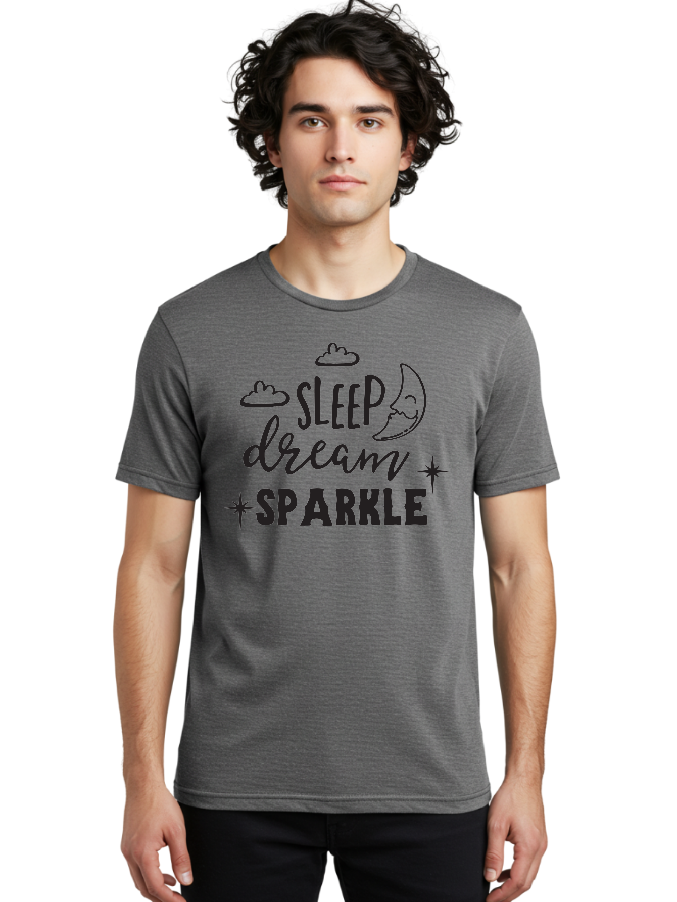 Sleep-Dream-Sparkle Men'S Graphic Tee, 100% Cotton, Comfortable Casual Summer Wear, Machine Washable, Inspirational Quote, Motivational Phrase, Sleep, Dream, Sparkle, Stars, Moon, Clouds, Whimsical Design, Positive Vibes, Good Night Message Aad163