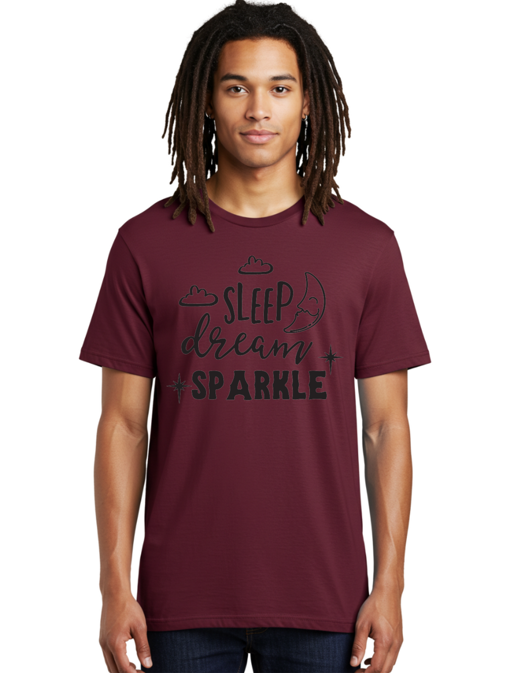 Sleep-Dream-Sparkle Men'S Graphic Tee, 100% Cotton, Comfortable Casual Summer Wear, Machine Washable, Inspirational Quote, Motivational Phrase, Sleep, Dream, Sparkle, Stars, Moon, Clouds, Whimsical Design, Positive Vibes, Good Night Message Aad163
