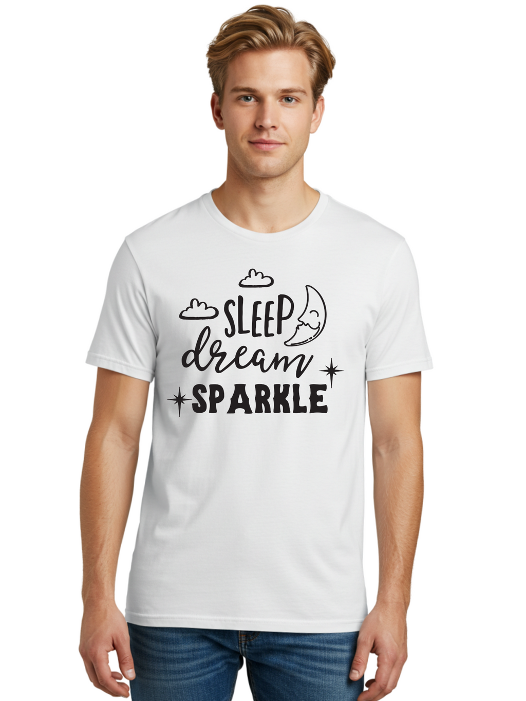 Sleep-Dream-Sparkle Men'S Graphic Tee, 100% Cotton, Comfortable Casual Summer Wear, Machine Washable, Inspirational Quote, Motivational Phrase, Sleep, Dream, Sparkle, Stars, Moon, Clouds, Whimsical Design, Positive Vibes, Good Night Message Aad163