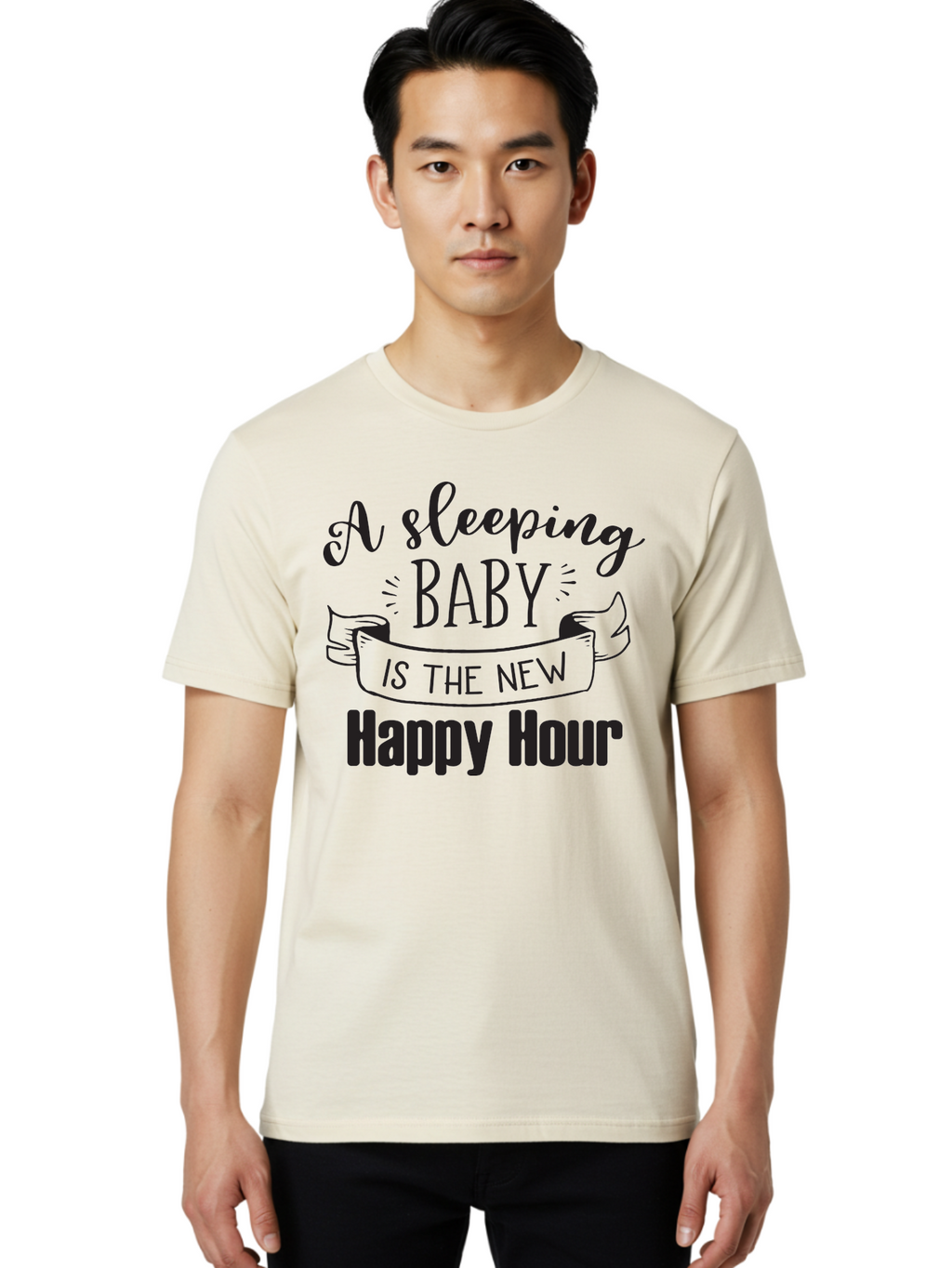 Sleeping-Baby-Is-The-New-Happy-Hour Men'S Graphic Tee, 100% Cotton, Comfortable Casual Summer Wear, Machine Washable, Sleeping Baby Quote, Happy Hour, Parenting Humor, Baby Sleep, New Parents, Funny Quote, Parenting Life Aad165