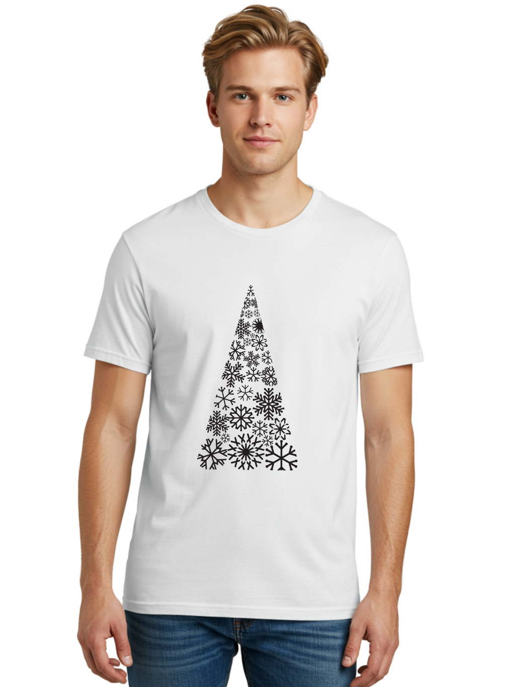 Snowflakes-Christmas-Tree Men'S Graphic Tee, 100% Cotton, Comfortable Casual Summer Wear, Machine Washable, Snowflake Christmas Tree, Festive Design, Winter Wonderland, Holiday Graphics, Seasonal Decor, Christmas Tree Silhouette, Snowflakes, Aad175
