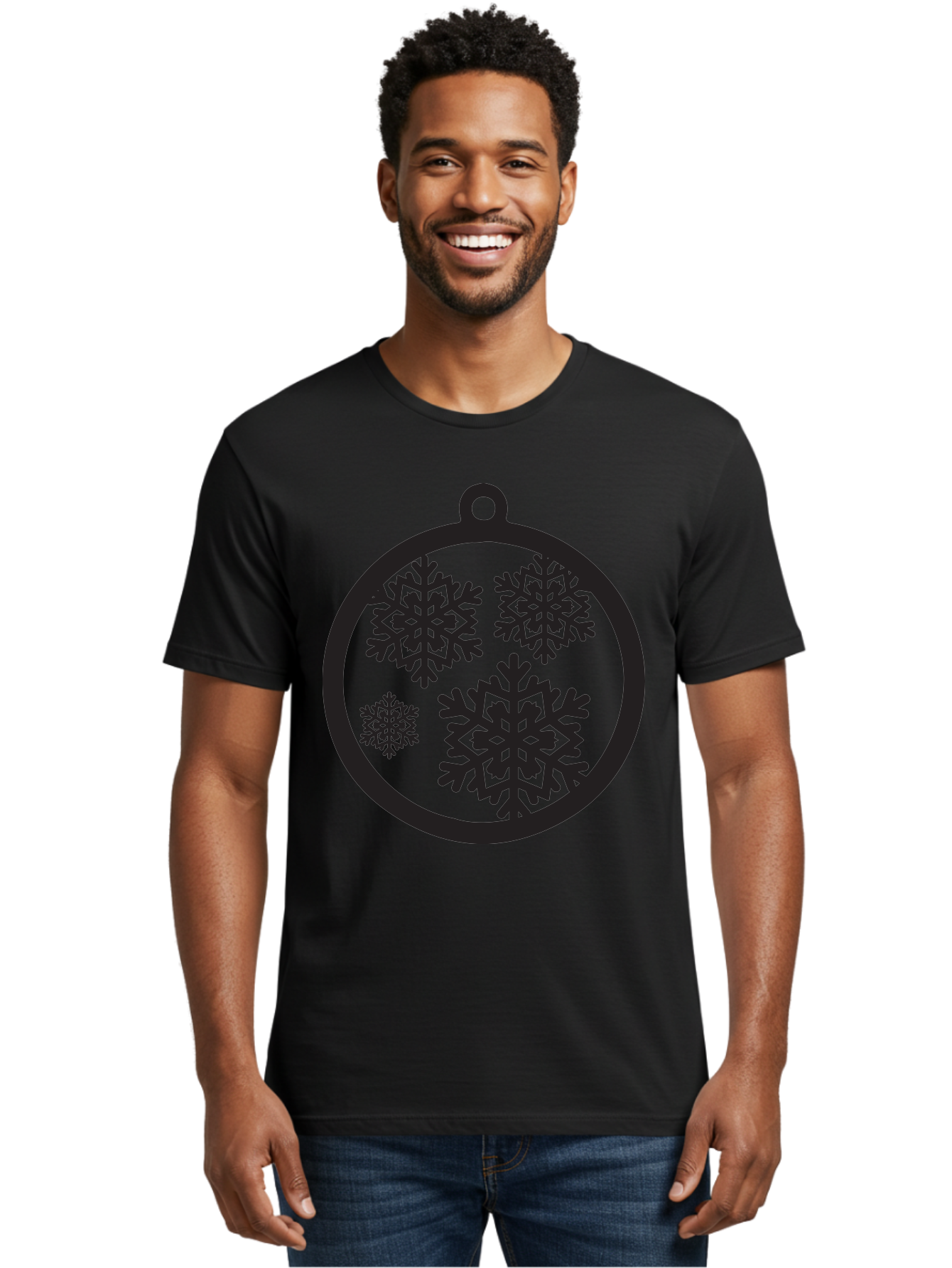 Snowflakes-Ornament Men'S Graphic Tee, 100% Cotton, Comfortable Casual Summer Wear, Machine Washable, Black Christmas Bauble, Snowflakes, Festive Decoration, Holiday Ornament, Winter Wonderland, Seasonal Decor, Black Silhouette, Aad178