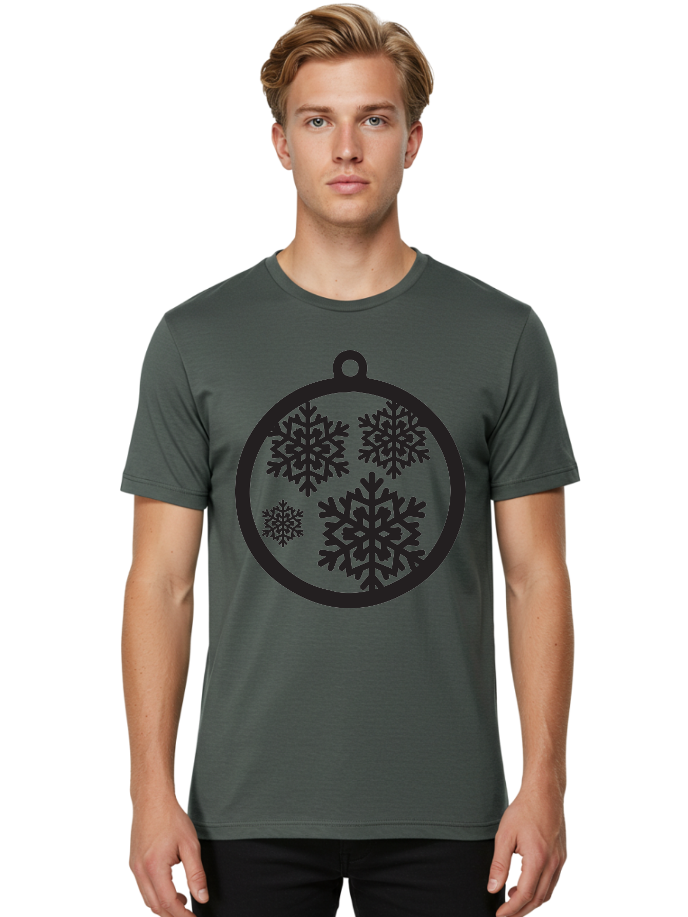 Snowflakes-Ornament Men'S Graphic Tee, 100% Cotton, Comfortable Casual Summer Wear, Machine Washable, Black Christmas Bauble, Snowflakes, Festive Decoration, Holiday Ornament, Winter Wonderland, Seasonal Decor, Black Silhouette, Aad178