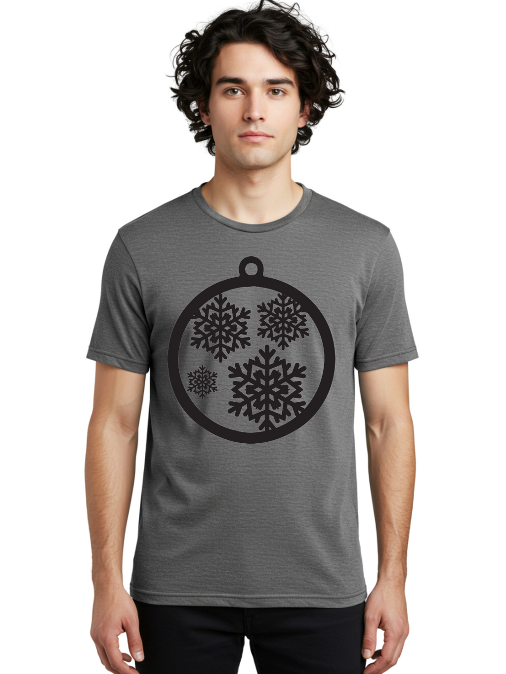 Snowflakes-Ornament Men'S Graphic Tee, 100% Cotton, Comfortable Casual Summer Wear, Machine Washable, Black Christmas Bauble, Snowflakes, Festive Decoration, Holiday Ornament, Winter Wonderland, Seasonal Decor, Black Silhouette, Aad178