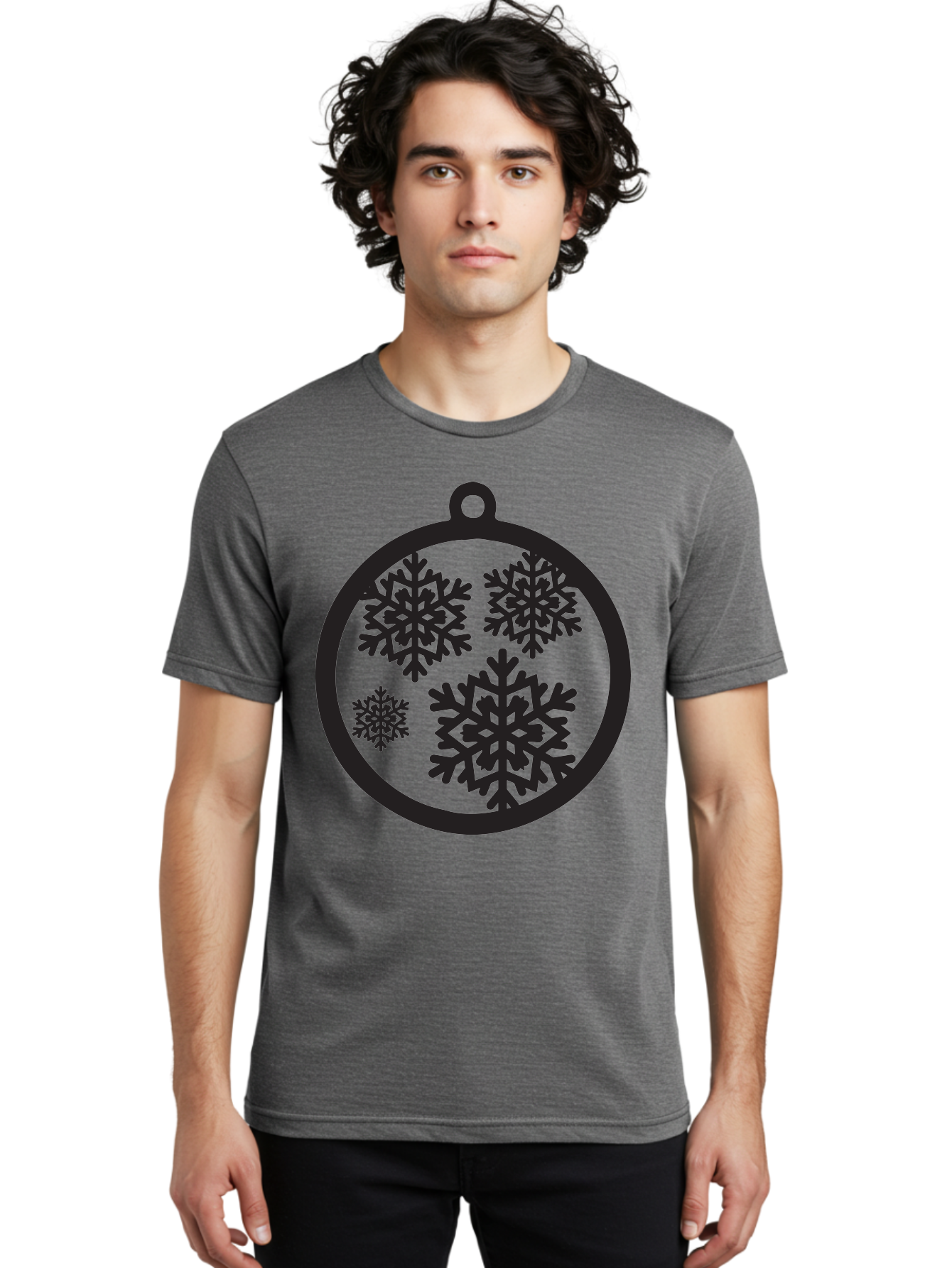 Snowflakes-Ornament Men'S Graphic Tee, 100% Cotton, Comfortable Casual Summer Wear, Machine Washable, Black Christmas Bauble, Snowflakes, Festive Decoration, Holiday Ornament, Winter Wonderland, Seasonal Decor, Black Silhouette, Aad178