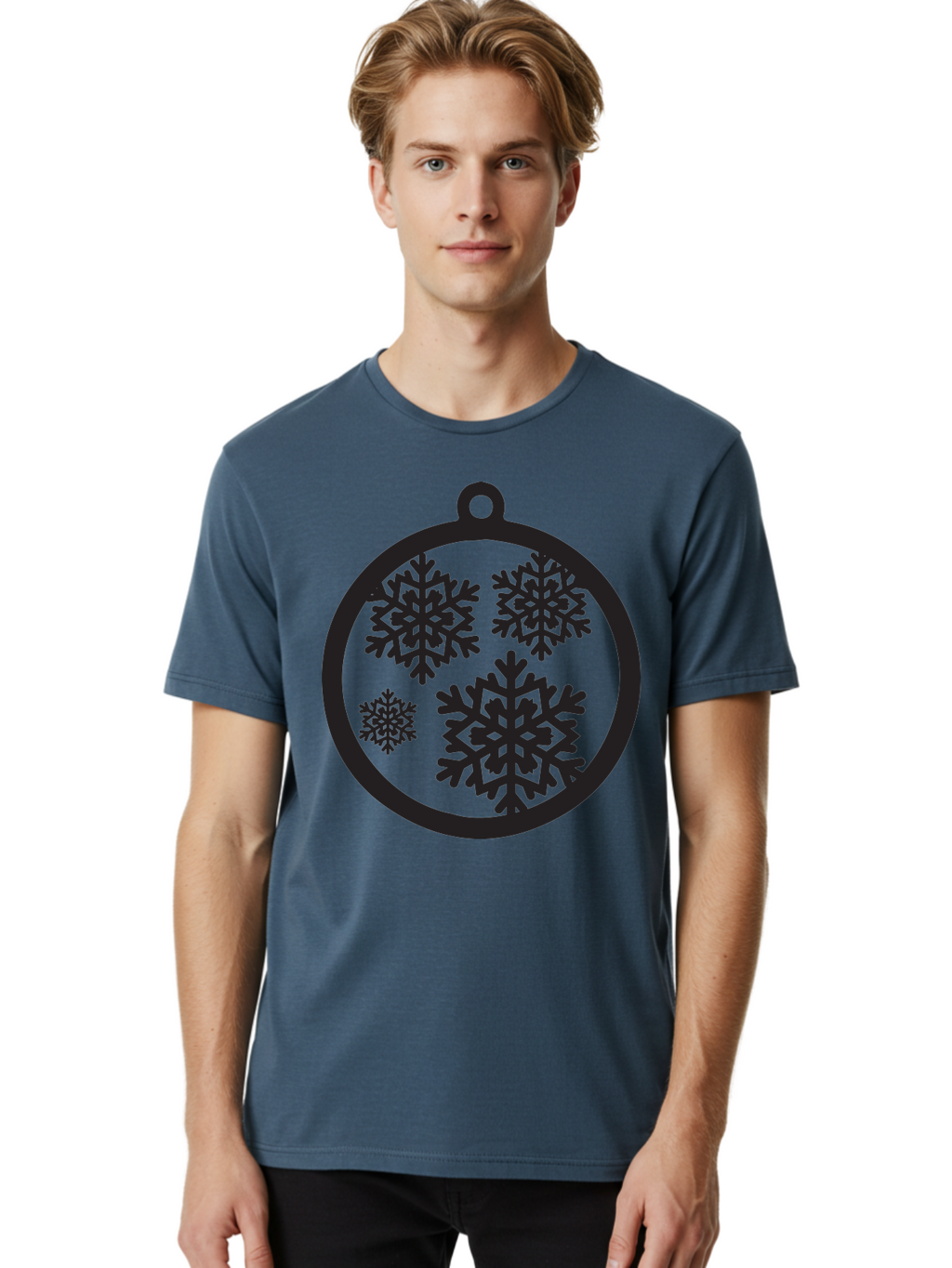Snowflakes-Ornament Men'S Graphic Tee, 100% Cotton, Comfortable Casual Summer Wear, Machine Washable, Black Christmas Bauble, Snowflakes, Festive Decoration, Holiday Ornament, Winter Wonderland, Seasonal Decor, Black Silhouette, Aad178
