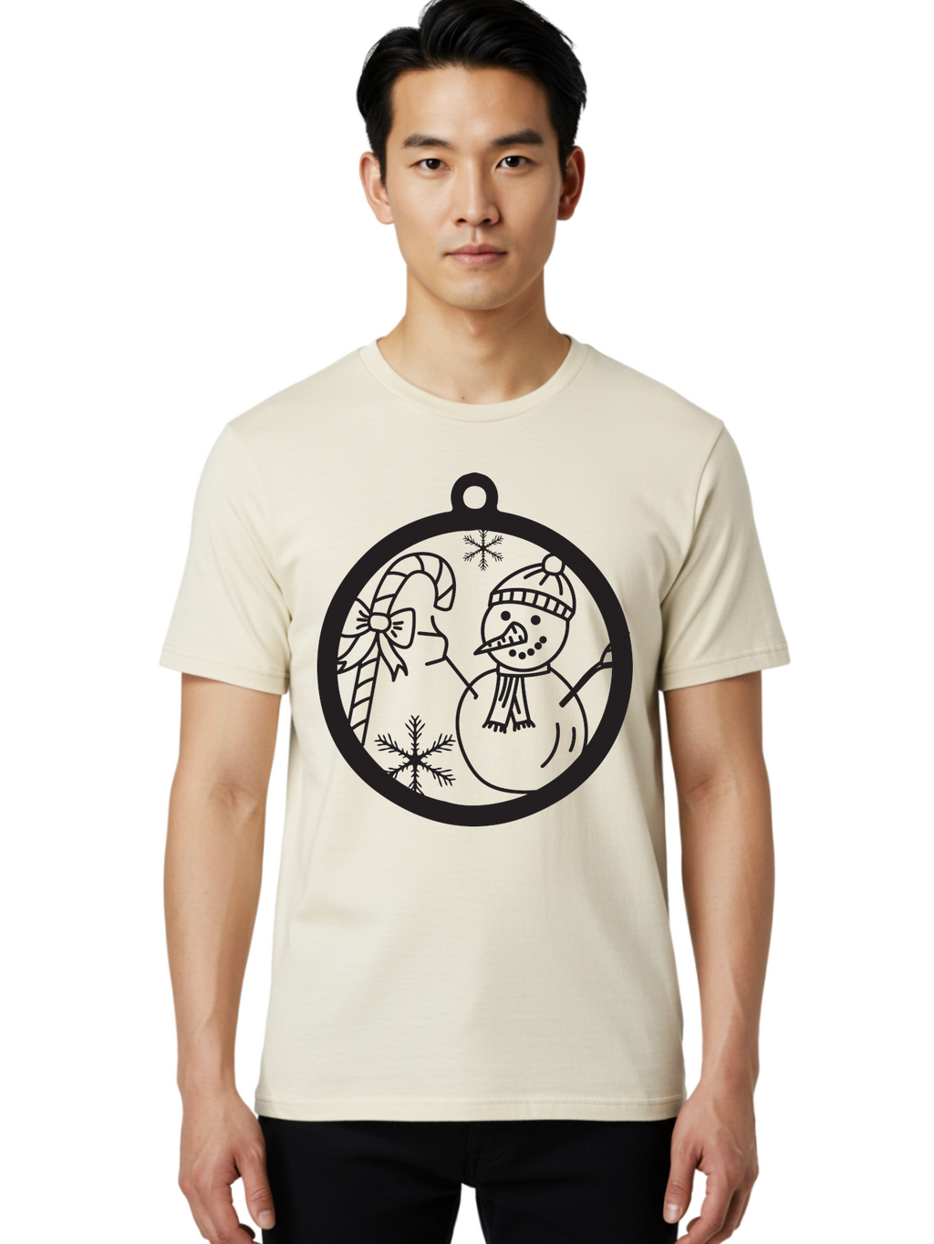 Snowman-Ornament Men'S Graphic Tee, 100% Cotton, Comfortable Casual Summer Wear, Machine Washable, Snowman Holding Candy Cane, Snowman Ornament, Christmas Decoration, Winter Wonderland, Festive Design, Holiday Cheer, Snowflakes Aad180
