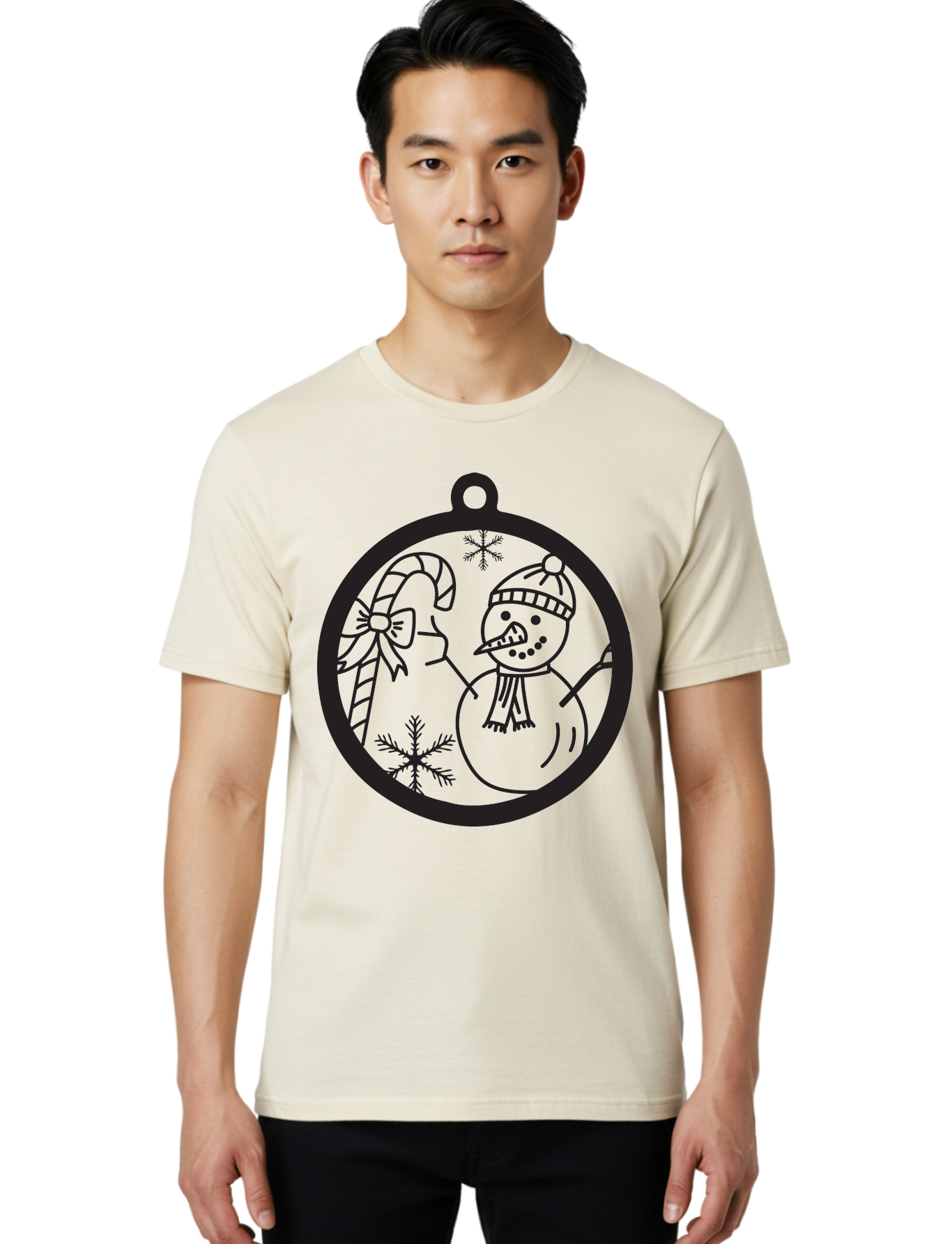Snowman-Ornament Men'S Graphic Tee, 100% Cotton, Comfortable Casual Summer Wear, Machine Washable, Snowman Holding Candy Cane, Snowman Ornament, Christmas Decoration, Winter Wonderland, Festive Design, Holiday Cheer, Snowflakes Aad180