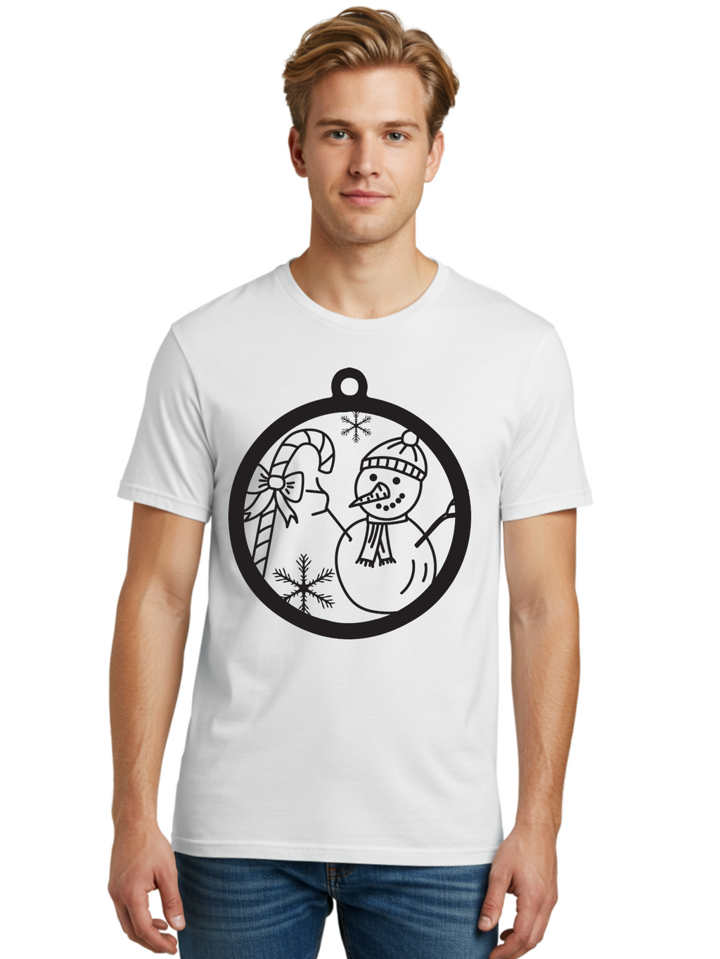 Snowman-Ornament Men'S Graphic Tee, 100% Cotton, Comfortable Casual Summer Wear, Machine Washable, Snowman Holding Candy Cane, Snowman Ornament, Christmas Decoration, Winter Wonderland, Festive Design, Holiday Cheer, Snowflakes Aad180