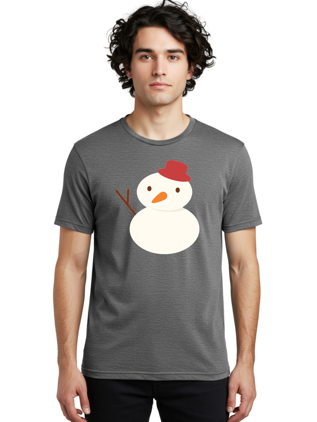 Snowman Men'S Graphic Tee, 100% Cotton, Comfortable Casual Summer Wear, Machine Washable, Snowman Character, Winter Icon, Snowman Illustration, Red Hat, Orange Nose, Stick Arms, Cartoon Snowman, Frosty Friend, Simple Snowman Design, Aad181