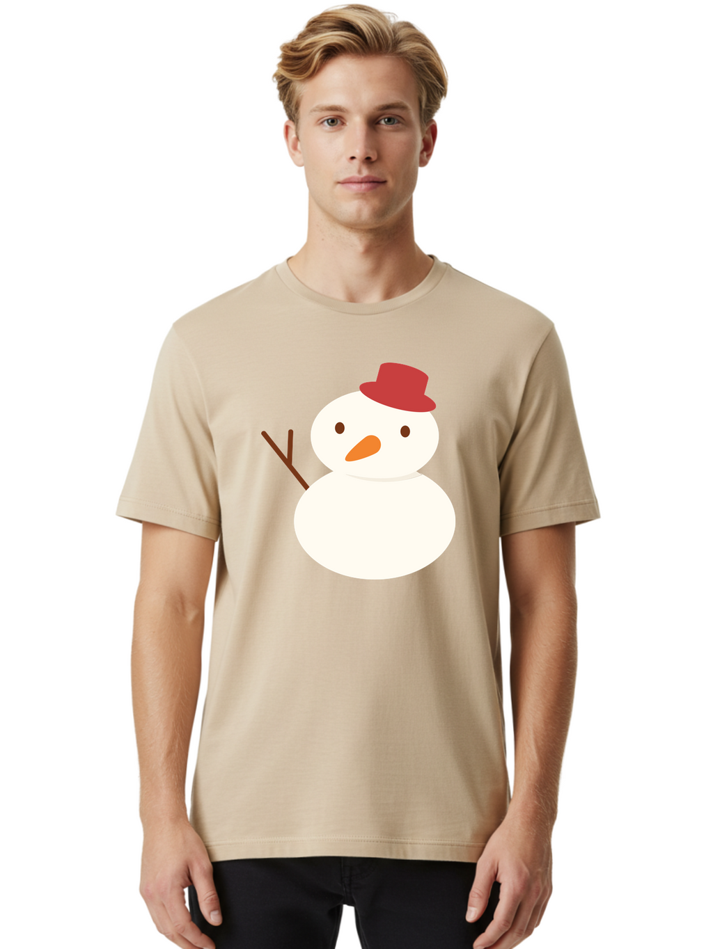 Snowman Men'S Graphic Tee, 100% Cotton, Comfortable Casual Summer Wear, Machine Washable, Snowman Character, Winter Icon, Snowman Illustration, Red Hat, Orange Nose, Stick Arms, Cartoon Snowman, Frosty Friend, Simple Snowman Design, Aad181