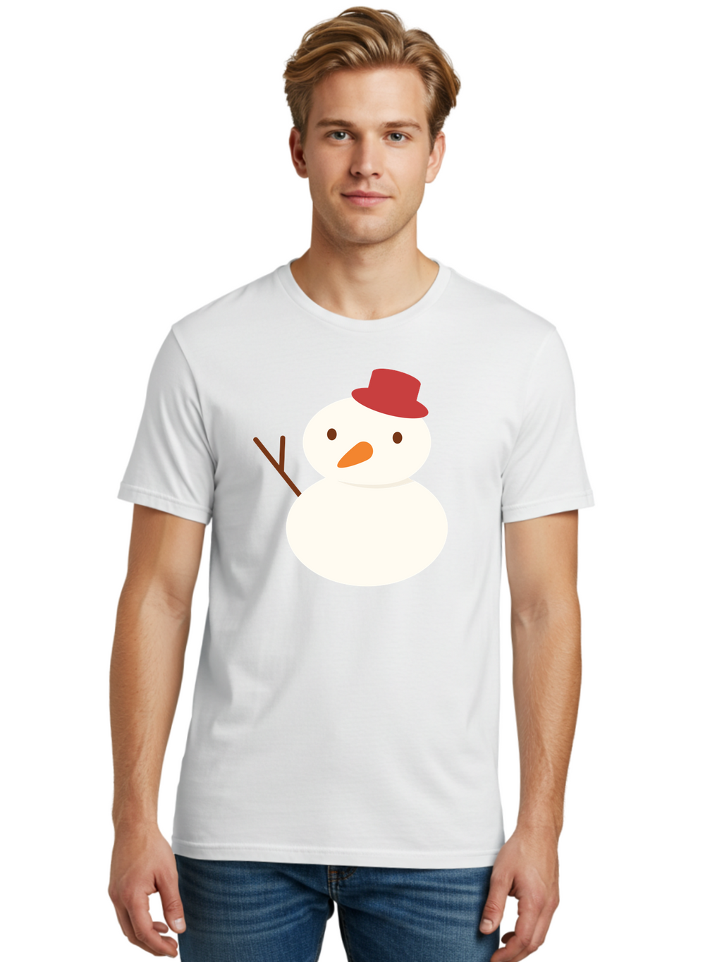 Snowman Men'S Graphic Tee, 100% Cotton, Comfortable Casual Summer Wear, Machine Washable, Snowman Character, Winter Icon, Snowman Illustration, Red Hat, Orange Nose, Stick Arms, Cartoon Snowman, Frosty Friend, Simple Snowman Design, Aad181