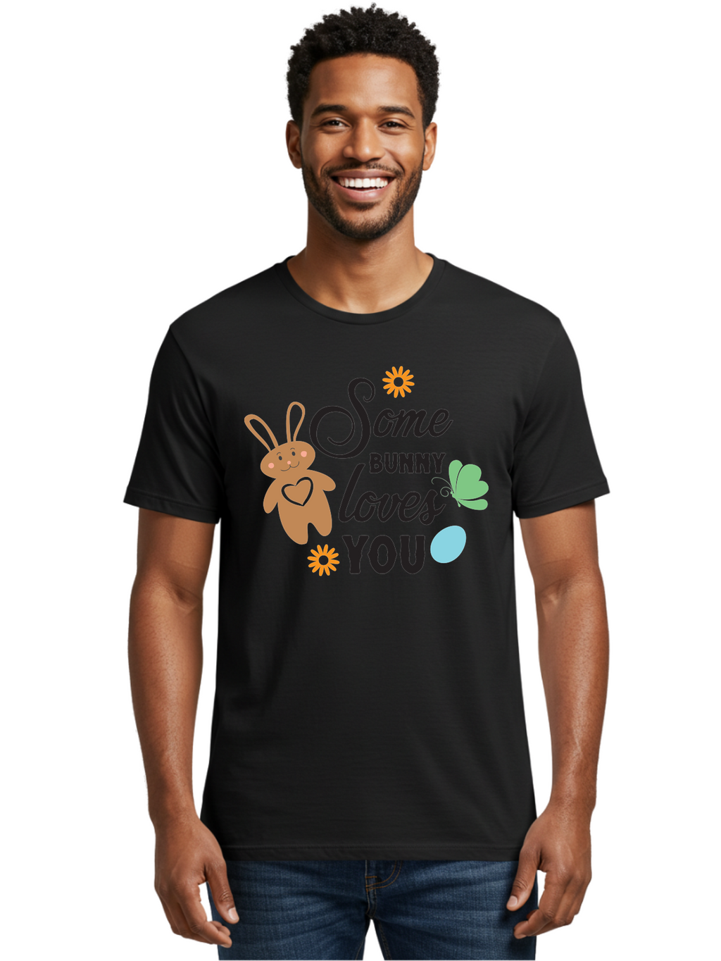 Some-Bunny-Loves-You Men'S Graphic Tee, 100% Cotton, Comfortable Casual Summer Wear, Machine Washable, Easter Bunny, Love Message, Cute Cartoons, Hearts, Spring Theme, Easter Eggs, Festive Designs, Adorable Bunnies, Spring Decorations Aad186