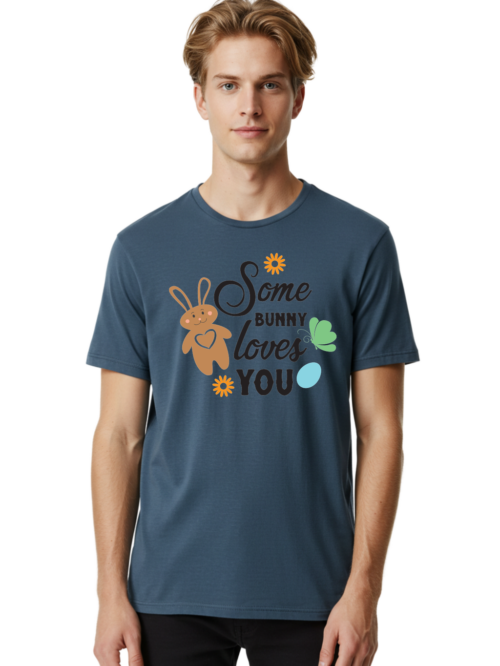 Some-Bunny-Loves-You Men'S Graphic Tee, 100% Cotton, Comfortable Casual Summer Wear, Machine Washable, Easter Bunny, Love Message, Cute Cartoons, Hearts, Spring Theme, Easter Eggs, Festive Designs, Adorable Bunnies, Spring Decorations Aad186