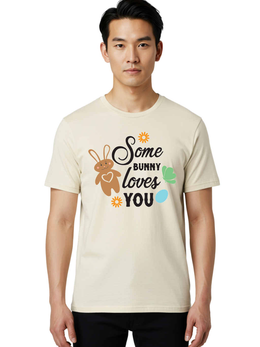 Some-Bunny-Loves-You Men'S Graphic Tee, 100% Cotton, Comfortable Casual Summer Wear, Machine Washable, Easter Bunny, Love Message, Cute Cartoons, Hearts, Spring Theme, Easter Eggs, Festive Designs, Adorable Bunnies, Spring Decorations Aad186