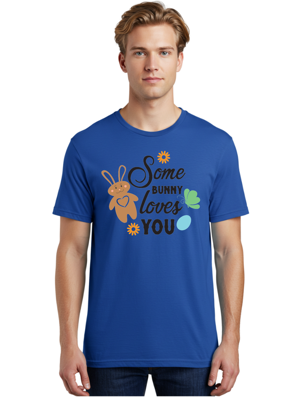 Some-Bunny-Loves-You Men'S Graphic Tee, 100% Cotton, Comfortable Casual Summer Wear, Machine Washable, Easter Bunny, Love Message, Cute Cartoons, Hearts, Spring Theme, Easter Eggs, Festive Designs, Adorable Bunnies, Spring Decorations Aad186
